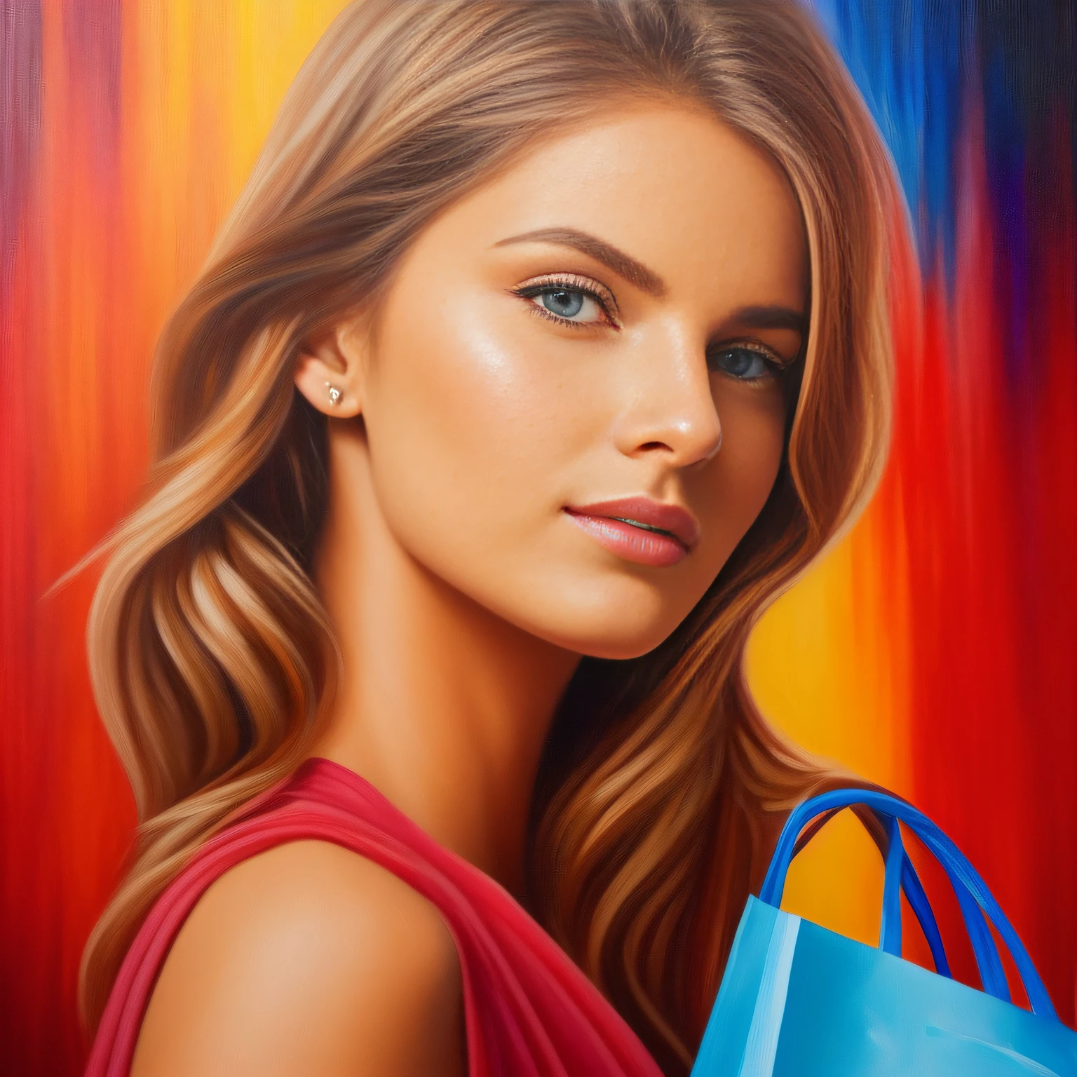 Painting a blonde woman at the mall. This woman is in a busy mall shopping and holding bags. The image should show radiant beauty and convey an aura of serenity and introspection. Cinematic quality painting, colorful, with well-defined colors, exceptional 8K colors, highlighting every detail, revealing the perfection of the character's facial expression.