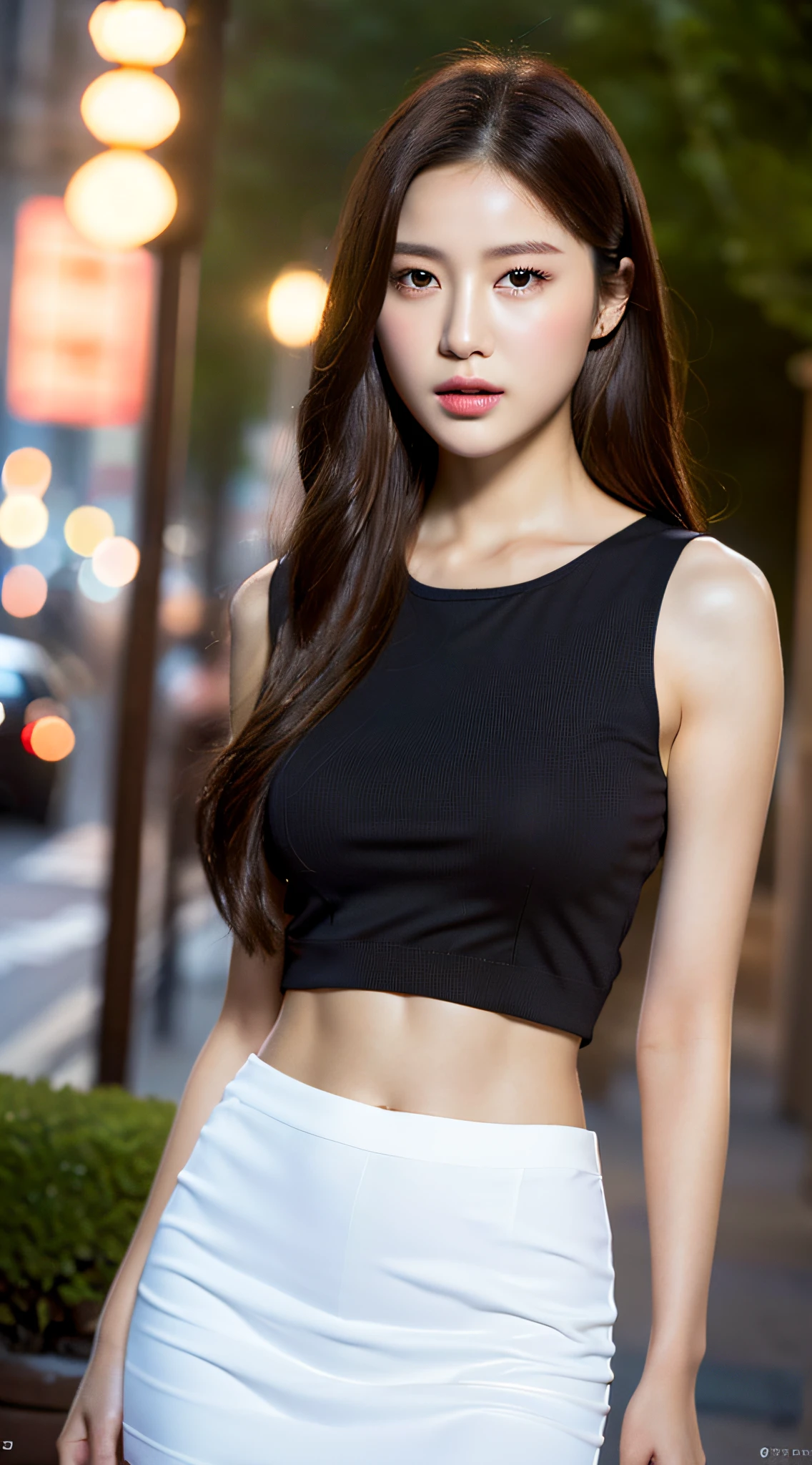 ((Realistic lighting, Best Quality, 8K, Masterpiece: 1.3)), Clear focus: 1.2, 1girl, Perfect Figure: 1.4, Slim Abs: 1.1, ((Dark brown hair)), (White hip skirt: 1.4), Outdoor 1.1, Bund night view, Super fine face, Fine eyes, Double eyelids