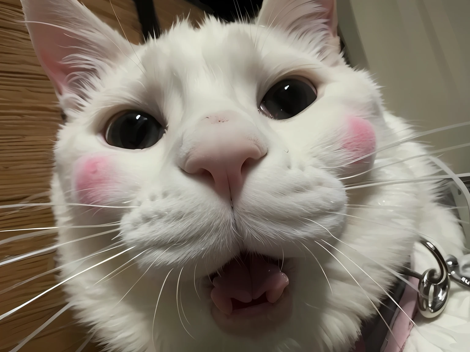 there is a white cat with pink spots on its face, a cat is smiling, cute silly face, she has a cute expressive face, tongue out, long pointy pink nose, full cheeks, the cat is smiling, pink nose, she has a cute face, funny cat, rosy cheeks, smileeeeeee, cat face, happy cat, a cute cat