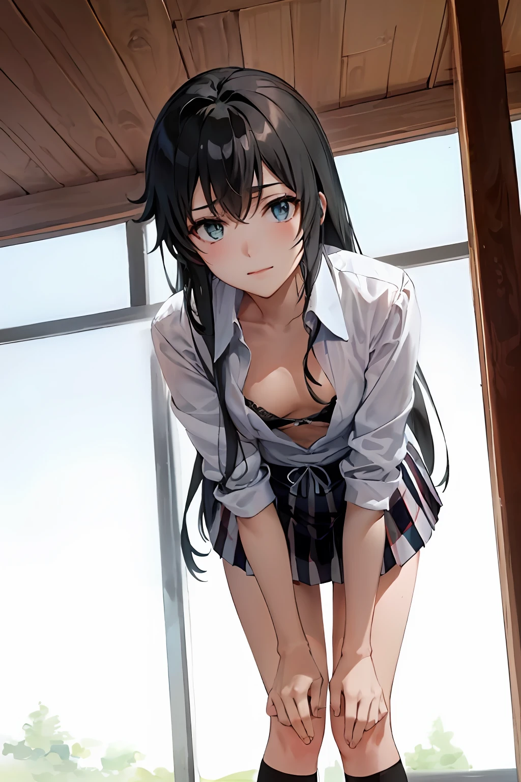 (masterpiece:1.2, best quality), 1girl, (make her yukino yukinoshita:1.5), smirk, slim, slender, green eyes, sharp eyes, small_breasts, flat_chest, leaning forward, facing viewer, from below, white shirt, pleated skirt, black, knee socks, areola slip, down blouse, embarrassed, legs apart, on her knees, very long black hair, ^ ^, school