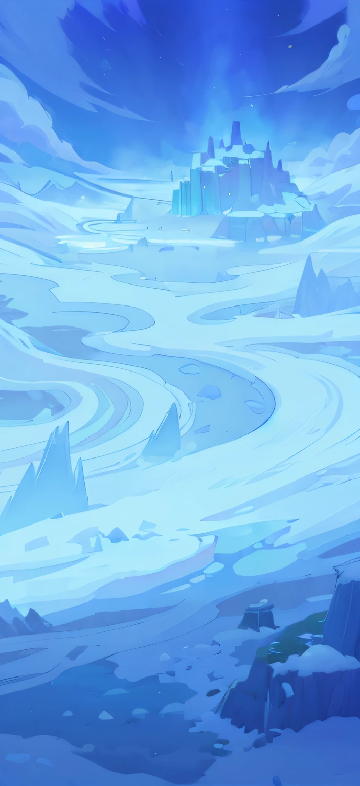 cartoon illustration of a snowy landscape with a mountain in the distance, icey tundra background, pillars of ice background, ethereal background, background art, breezy background, the background is misty, misty background, epic background, background hyper detailed, background artwork, odin's stone arena background, background aerial battle, water torrent background, random background scene, magical battlefield background, vortex river