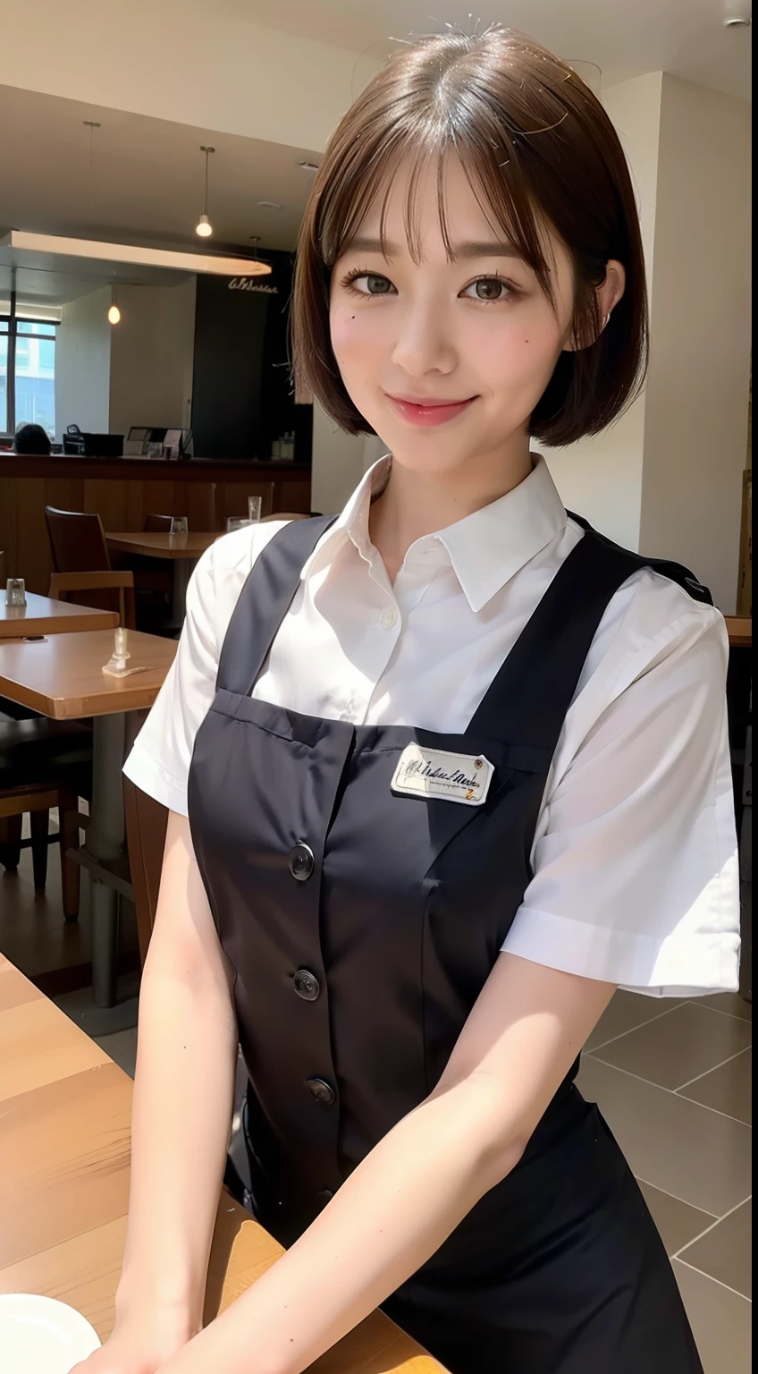 ((Natural light, top quality, 8k, masterpiece: 1.3)), crisp focus, 1 girl, slim beauty: 1.2, brown hair, with bangs, (short hair cut in layers), (big: 1.5), detailed eyes, beautiful eyes with a long cut, double eyelids, (cat face), (cute face), cute smile, (closed mouth), (cute), soft skin, reflecting the whole body, ultra-realistic, super detailed, high quality, (( A beautiful short-haired waitress who comes to the table to take orders)), ((Detailed very cute waitress uniform)), ((Big that can be seen even from the top of the uniform))))