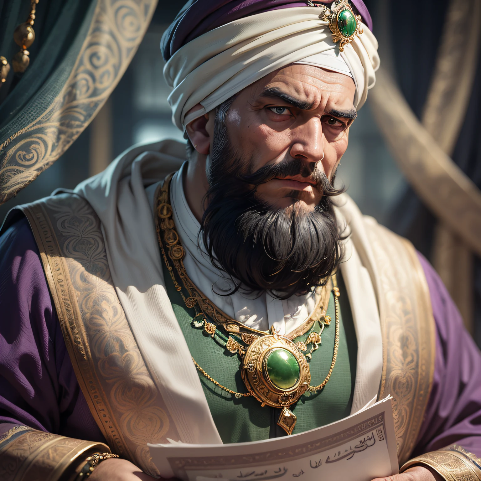 it could create the image of Samuel, the leader of the city, exudes an air of authority and wealth. He dresses like a real sheikh, with a large purple turban adorned with a bright green jade in the center. His costume is richly decorated, with fine fabrics and golden details that indicate his status and power.
Despite his obese and robust appearance, Samuel conveys an imposing presence, reflecting his influence and leadership. His long, well-groomed beard, dyed gray, complements his serious, enigmatic countenance. The eyes, deep and insightful, seem to observe everything around them with meticulous attention.