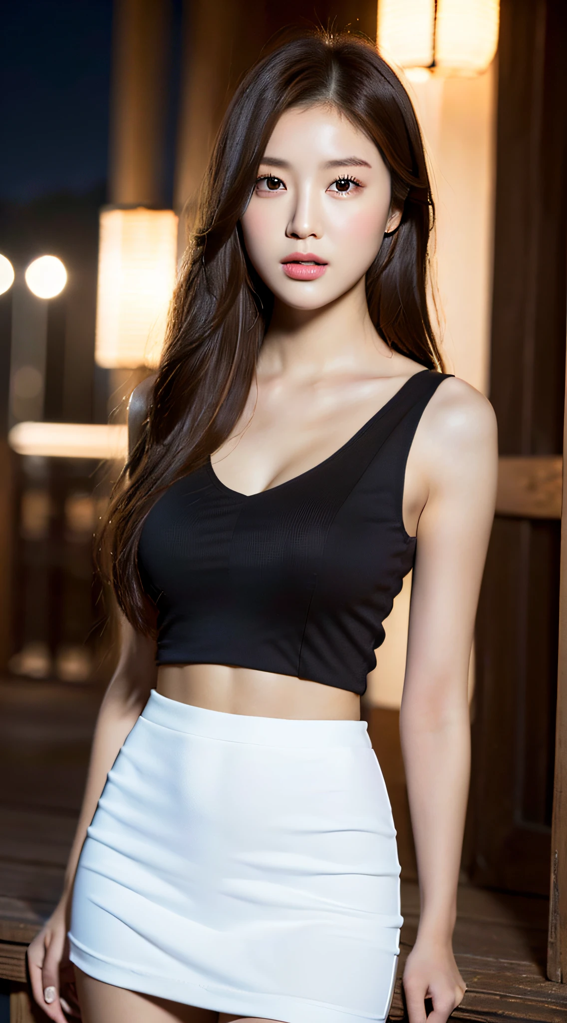 ((Realistic lighting, Best quality, 8K, Masterpiece: 1.3)), Clear focus: 1.2, 1girl, Perfect body beauty: 1.4, Slim abs: 1.1, ((dark brown hair)), (White hip skirt: 1.4) (Outdoor 1.1), City Night View, Super Fine Face, Fine Eyes, Double Eyelids