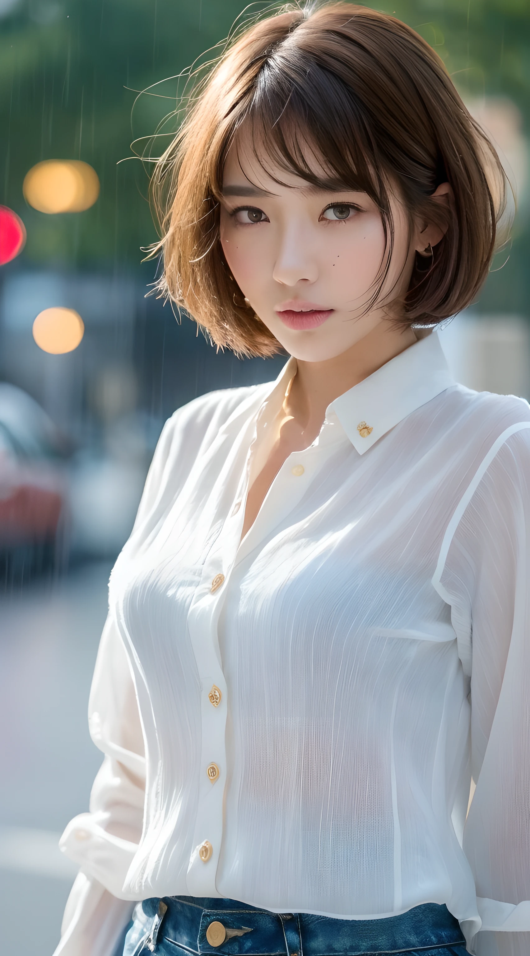 ((top quality, 8k, masterpiece: 1.3)), Sharp Focus: 1.2, Pretty woman with perfect figure: 1.4, ((Layered haircut, big: 1.2)), (White long shirt with white buttons: 1.1), (Rain, Street: 1.2), very detailed face and skin texture,
