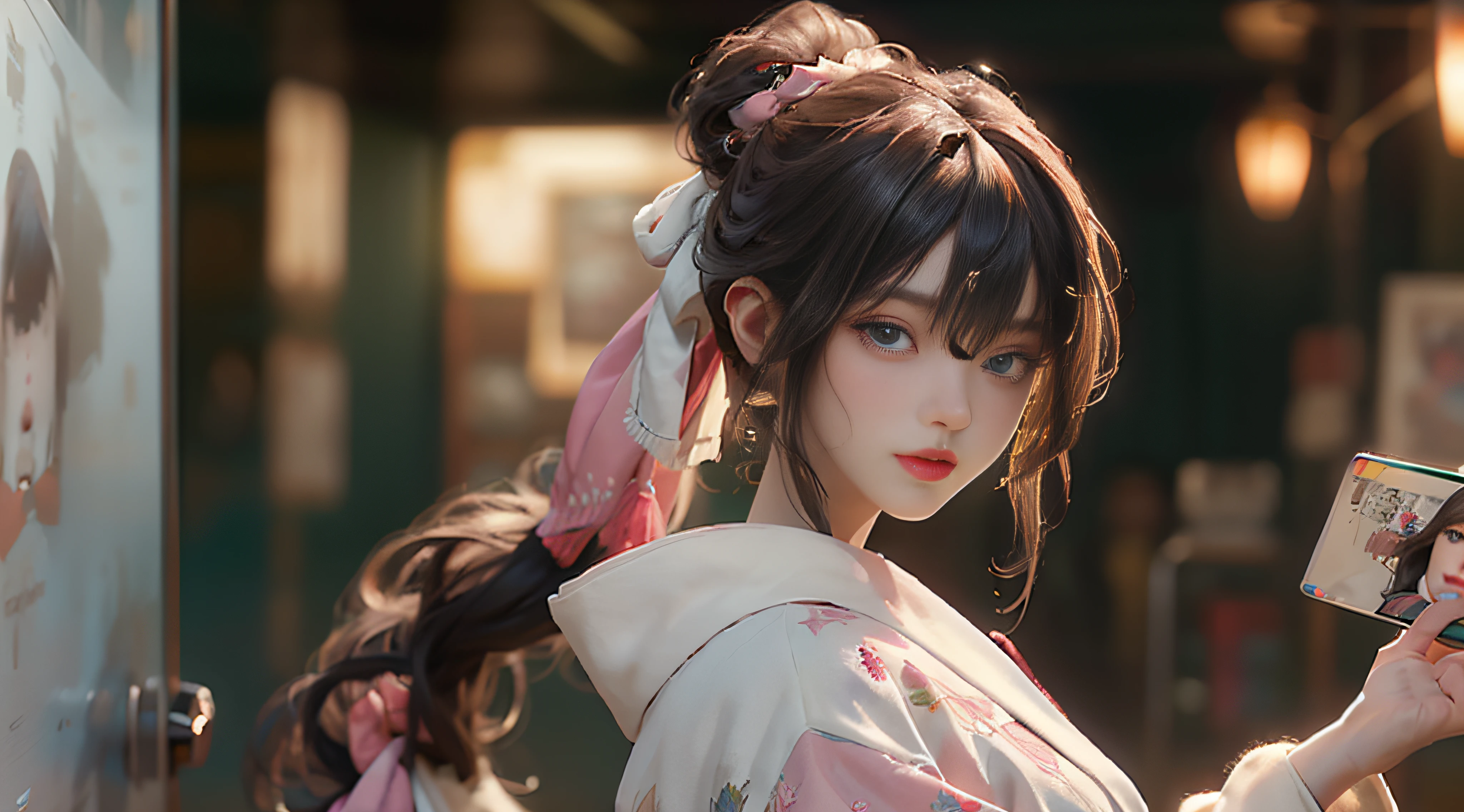 ((Best Quality)), ((Masterpiece)), (Detail: 1.4), 3D, Beautiful Cyberpunk Female Image, HDR (High Dynamic Range), Ray Tracing, NVIDIA RTX, Super Resolution, Unreal 5, Subsurface Scattering, PBR Texture, Post-Processing, Anisotropic Filtering, Depth of Field, Maximum Sharpness and Sharpness, Multi-layer Texture, Albedo and Highlight Mapping, Surface Coloring, Mitsu-Accurate Simulation of Material Interactions, Perfect Proportions, Octane Rendering, Two-color Light, Large Aperture, Low ISO, white balance, regular three-point, 8K RAW, beautiful bright pupils, flowing robe, fine pupils, delicate face and eyes, long eyelashes, blush, fluffy hair, pink lips, pure, cute