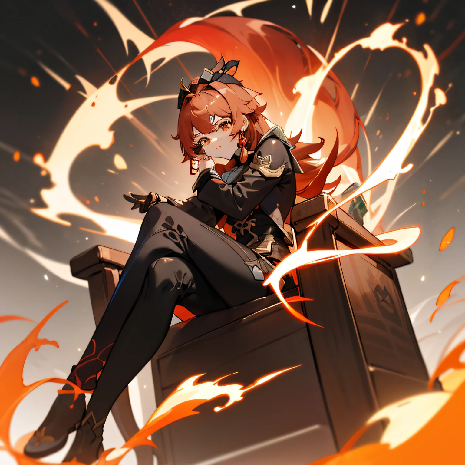 A woman with long red hair, Ayaka Genshin Impact, sitting, chair, crossed legs, Ayaka Game Genshin Impact, full body, angry face, dynamic pose, Maiden with copper hair, appears as the goddess of fire, she has long orange brown hair, a very beautiful Berserker woman, Zenra Taliyah, cunning expression, knights portrait of the girl of the zodiac, She has long redorange hair, brown eyes, black leather jacket, best quality, simple background