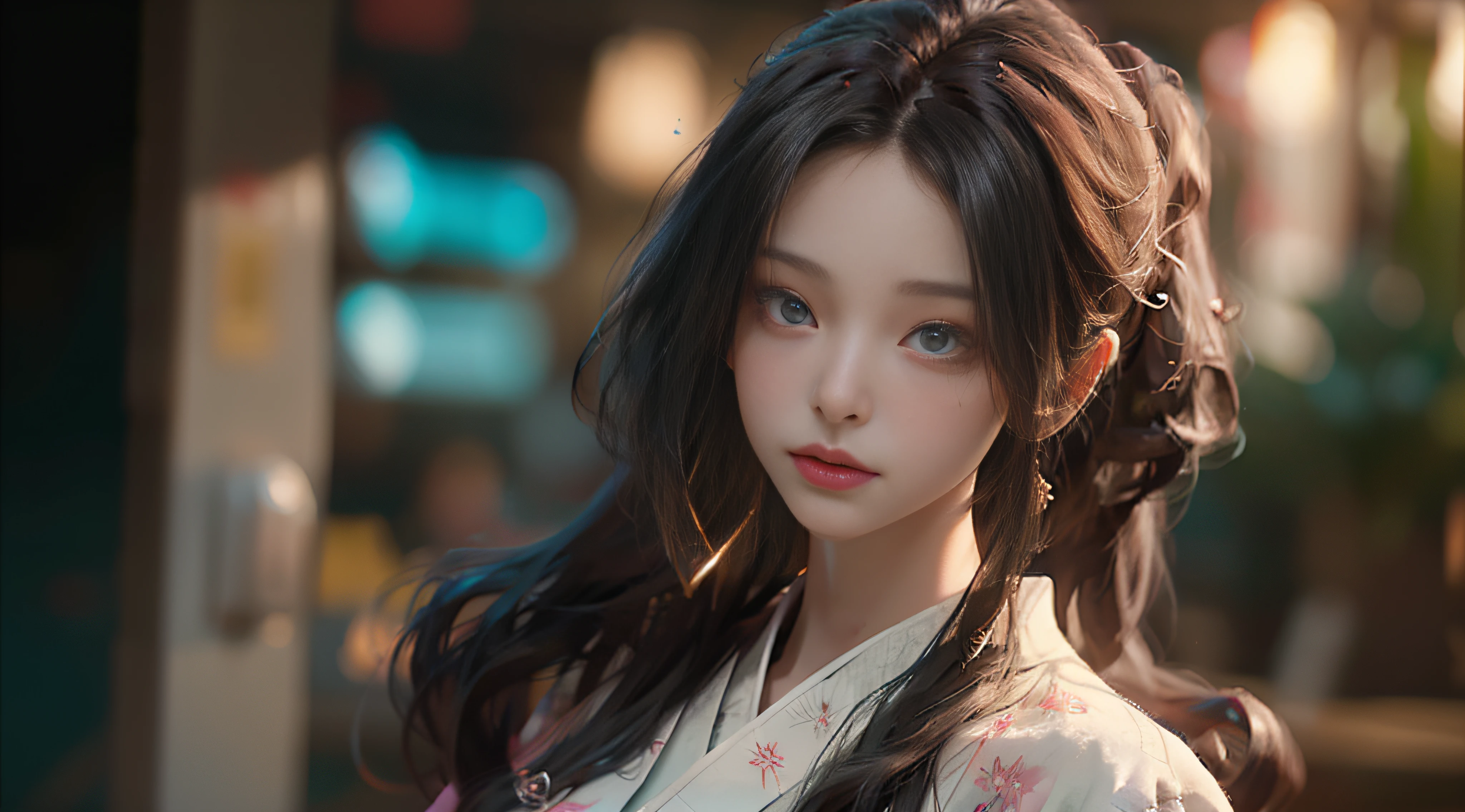 ((Best Quality)), ((Masterpiece)), (Detail: 1.4), 3D, Beautiful Cyberpunk Female Image, HDR (High Dynamic Range), Ray Tracing, NVIDIA RTX, Super Resolution, Unreal 5, Subsurface Scattering, PBR Texture, Post-Processing, Anisotropic Filtering, Depth of Field, Maximum Sharpness and Sharpness, Multi-layer Texture, Albedo and Highlight Mapping, Surface Coloring, Mitsu-Accurate Simulation of Material Interactions, Perfect Proportions, Octane Rendering, Two-color Light, Large Aperture, Low ISO, white balance, regular three-point, 8K RAW, beautiful bright pupils, flowing robe, fine pupils, delicate face and eyes, long eyelashes, blush, fluffy hair, pink lips, pure, cute