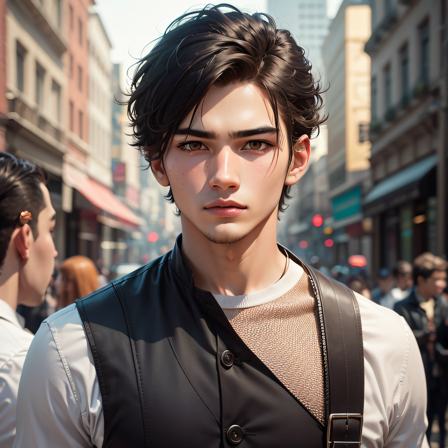 A young man with short hair, a detailed face, frontal, bust --auto