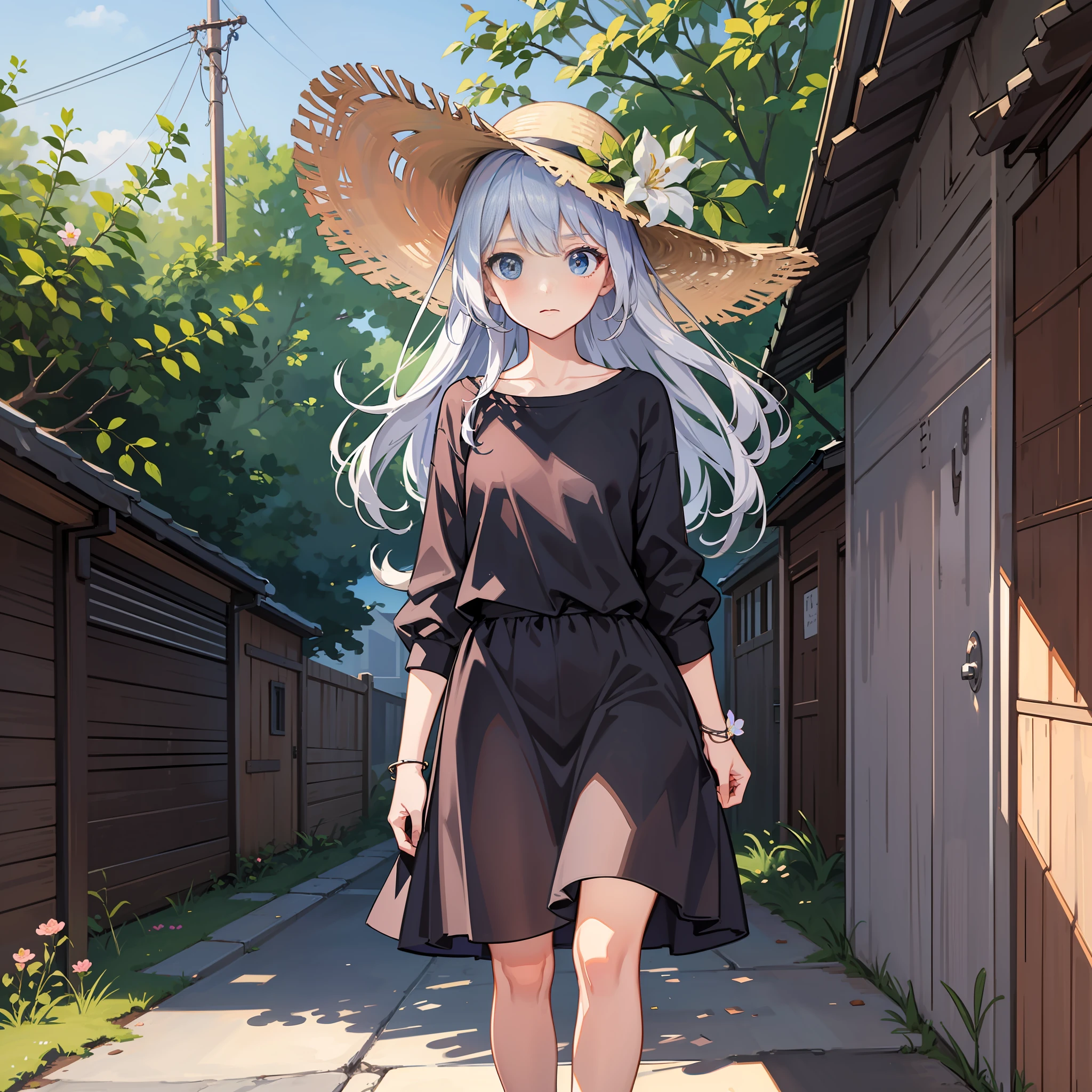 Two-dimensional modern style, silver-haired girl, delicate face, black casual clothes, fusion of cold and warm, with a touch of tenderness, wearing a sun hat, carrying a flower basket, walking alone in the empty countryside, her beautiful figure appears under the wide-angle lens. I hope to feel a gentle style added to the cold, and it must have a shocking masterpiece-quality effect like 8K anime wallpaper.