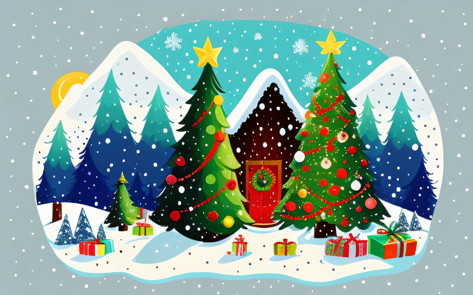 image of a fairytale Christmas tree in the forest, a tree entirely decorated with toys, a flat image, bright colors, a fairytale forest, white snow around, a winter forest, a festive tree