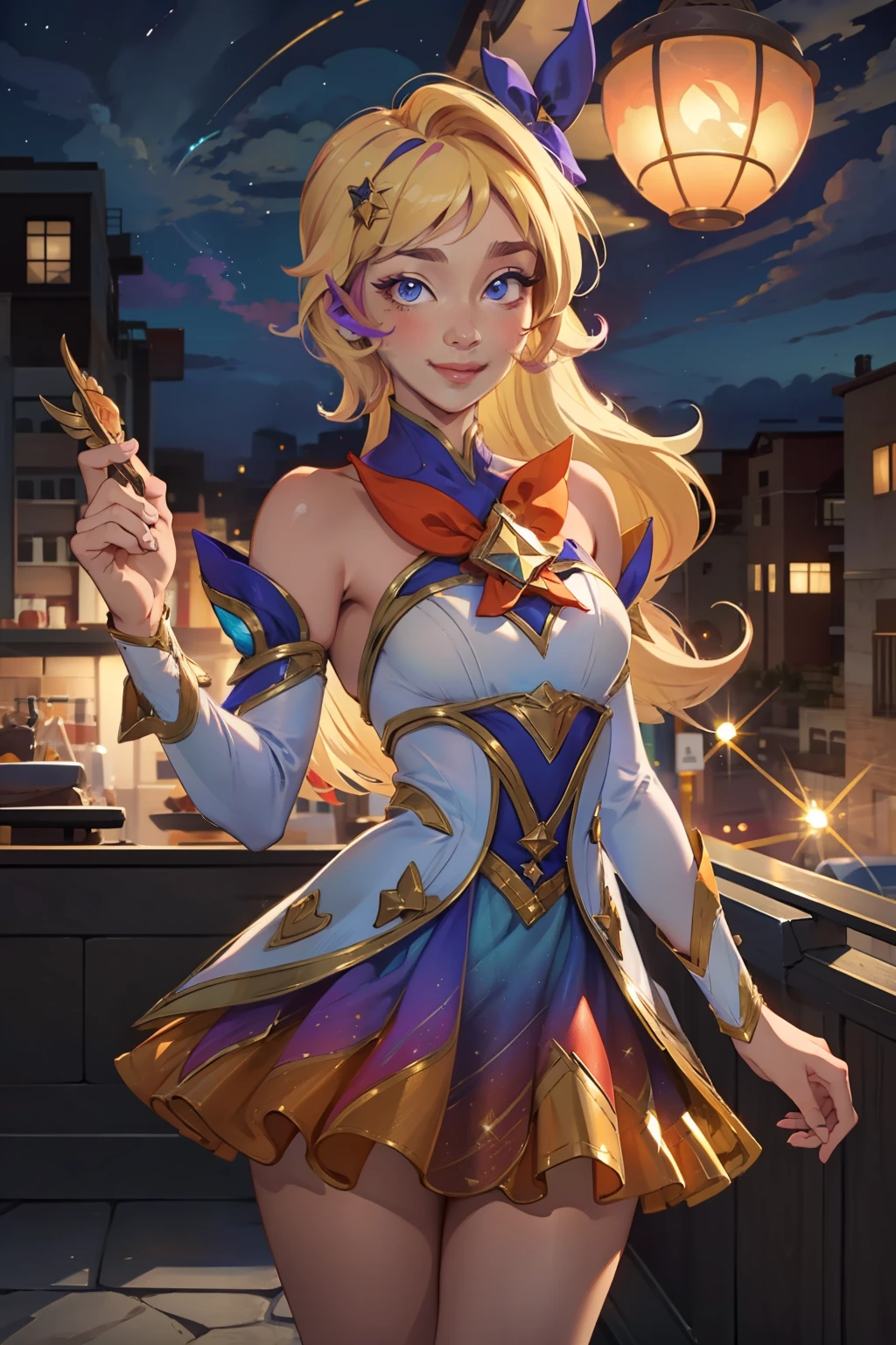 (Masterpiece:1.4), (best quality:1.2), star guardian seraphine, blonde hair, multicolored clothes, dress, hair bow, detached sleeves, smile, closed mounth, upper body, cowboy shot