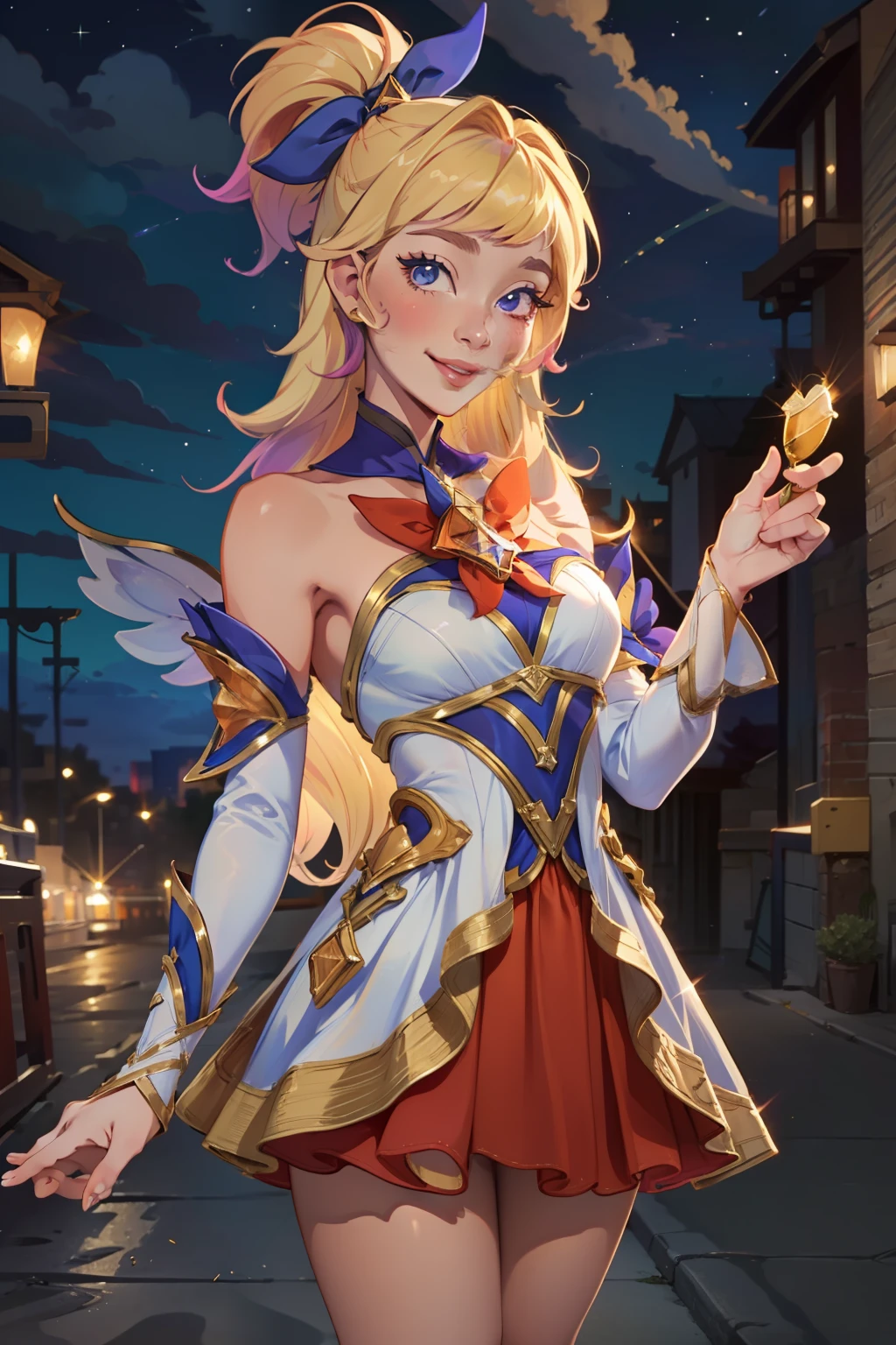 (Masterpiece:1.4), (best quality:1.2), star guardian seraphine, blonde hair, multicolored clothes, dress, hair bow, detached sleeves, smile, closed mounth, upper body, cowboy shot