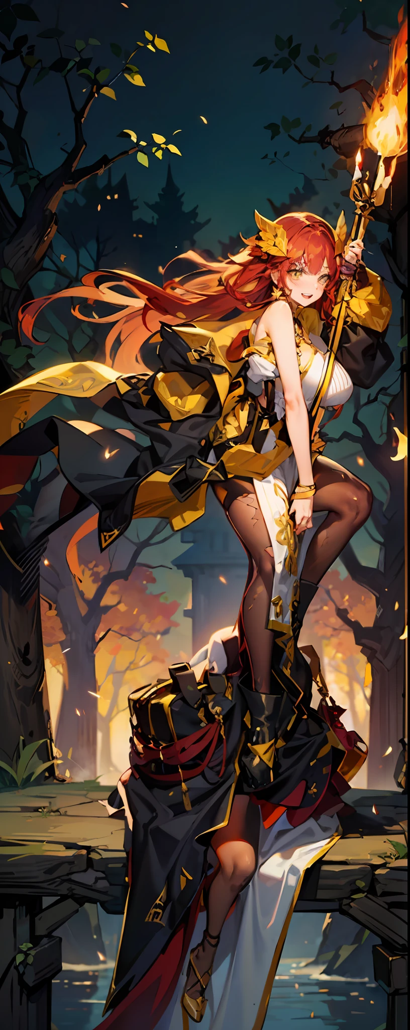 Long red hair, noble clothes, princess robes, beautiful woman, laughing, burnt black dress, tight white blouse, golden belt, lilac blouse, large breasts, curvy woman, thin waist, thick legs, female boots of burnt yellow color, golden necklace, light blue colored eyes, burnt yellow skirt, forest with animals, fantastic creatures around, fantasy scenery.