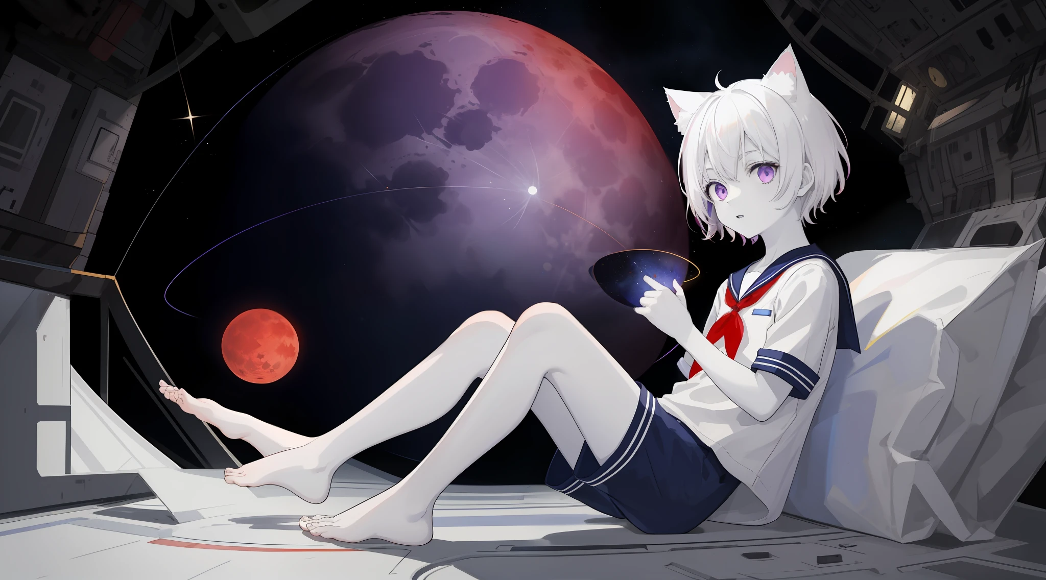 ((Pale Skin)), (Little Boy), (Red Moon), (Short Hair), (Purple Eyes), (White Hair), (Blue and White Striped Sailor Suit), (Blue and White Striped Shorts), (Barefoot), (Happy), (Cat Ear Tail), (Handsome), (Lying on the Moon), (Zombie), (Space Station Background)
