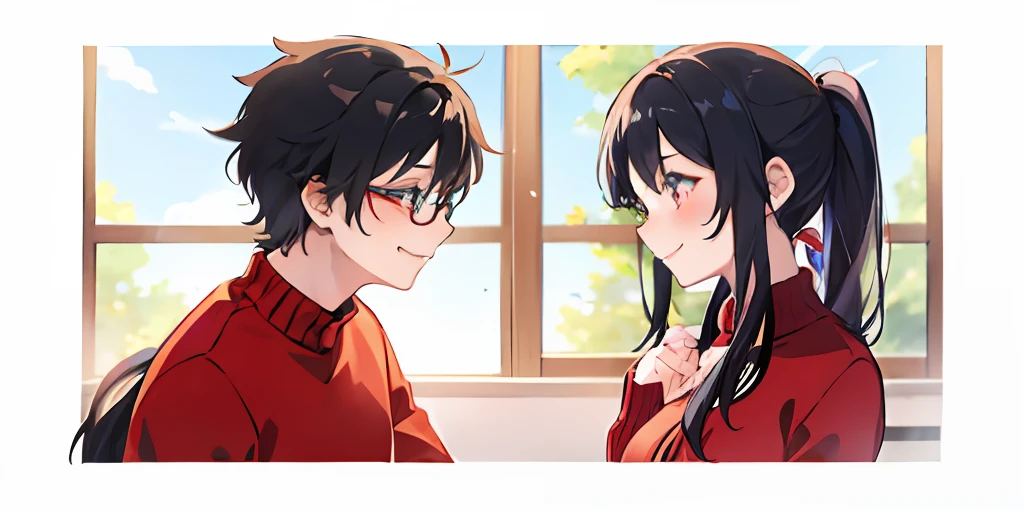 A couple, girls on the left, boys on the right, upper body, avatar, smile, blush, eye contact, red sweater, indoor, daytime, sunlight, simple background, blue sky, black hair, girls ponytail hairstyle, boys short hair, boy black frame glasses, moderate lighting, side face, anime style