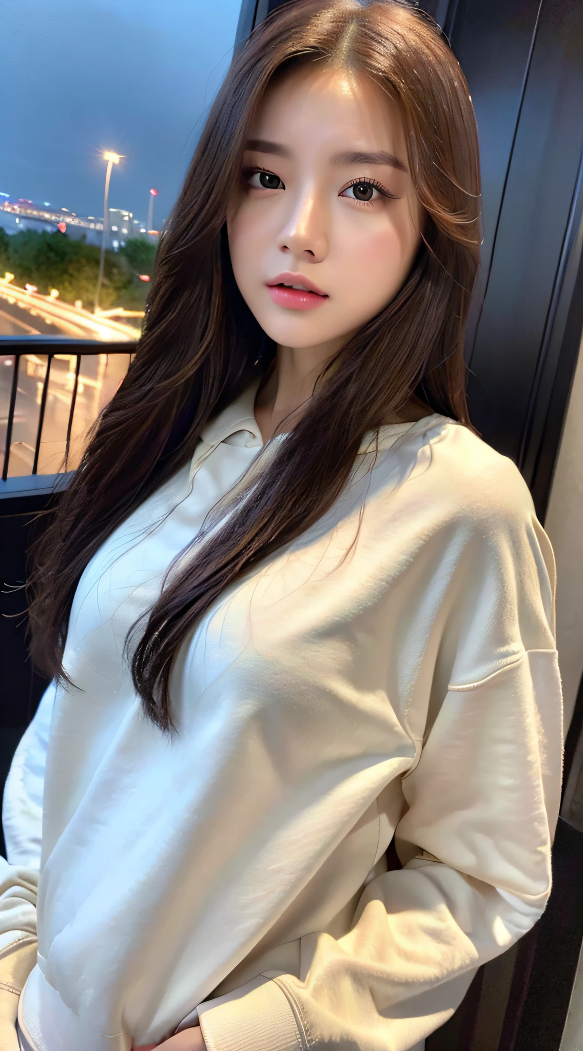 ((Realistic lighting, Best quality, 8K, Masterpiece: 1.3)), Clear focus: 1.2, 1girl, Perfect body beauty: 1.4, Slim abs: 1.1, ((dark brown hair)), (White sweatshirt: 1.4), Outdoor 1.1, City Night View, Super Fine Face, Fine Eyes, Double Eyelids