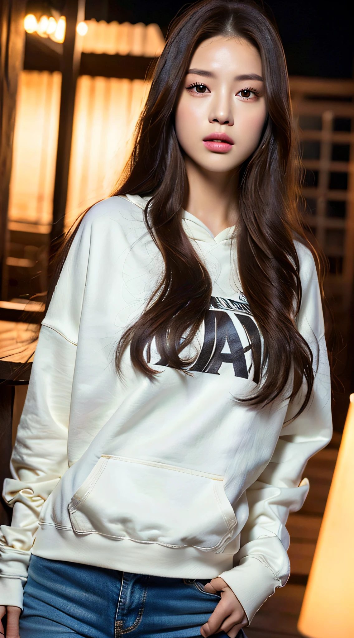 ((Realistic lighting, Best quality, 8K, Masterpiece: 1.3)), Clear focus: 1.2, 1girl, Perfect body beauty: 1.4, Slim abs: 1.1, ((dark brown hair)), (White sweatshirt: 1.4), Outdoor 1.1, City Night View, Super Fine Face, Fine Eyes, Double Eyelids