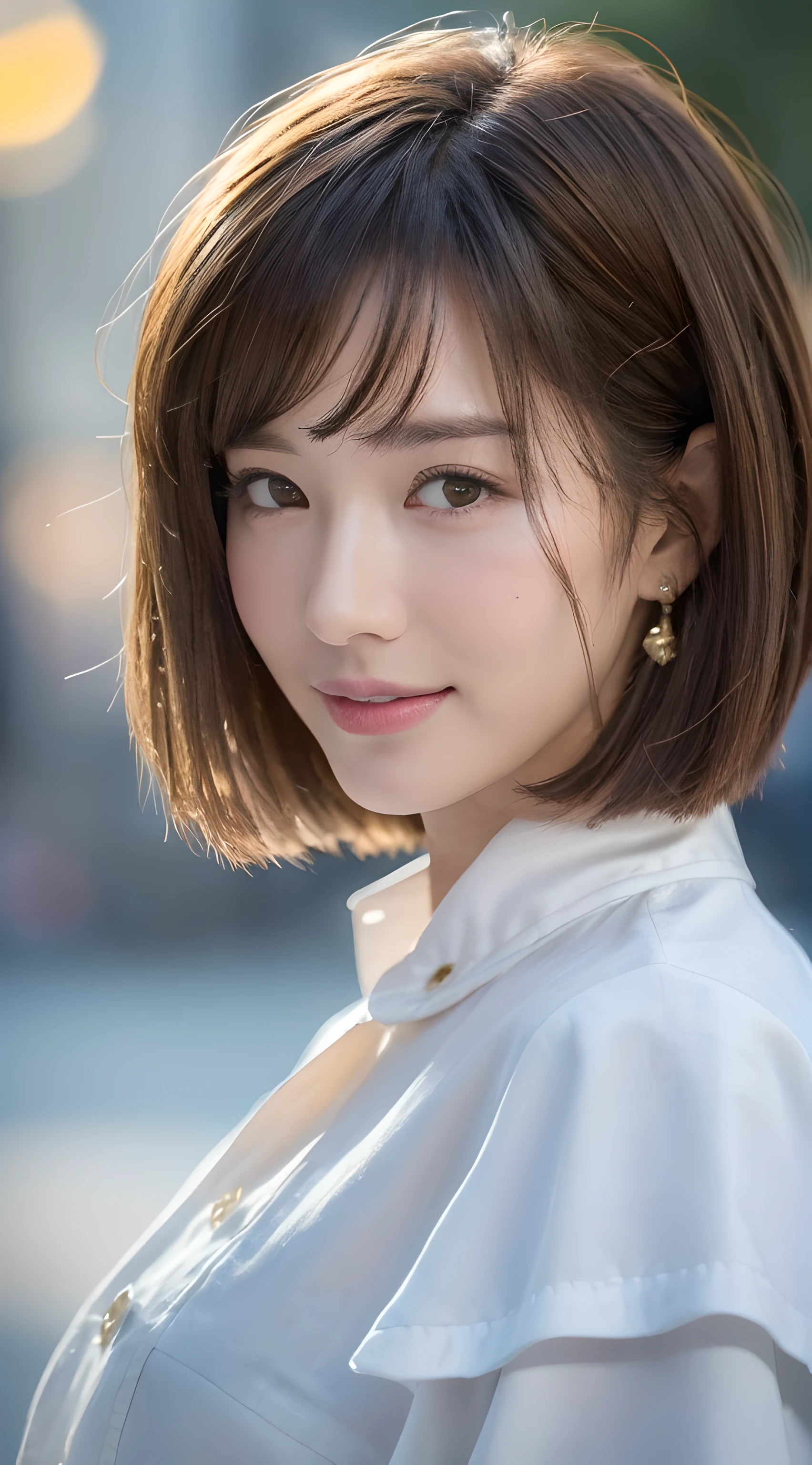 ((top quality, 8k, masterpiece: 1.3)), Sharp Focus: 1.2, Pretty woman with perfect figure: 1.4, ((Layered haircut, big: 1.2)), (White long shirt with white buttons: 1.1), (Rain, Street: 1.2), very detailed face and skin texture,smile