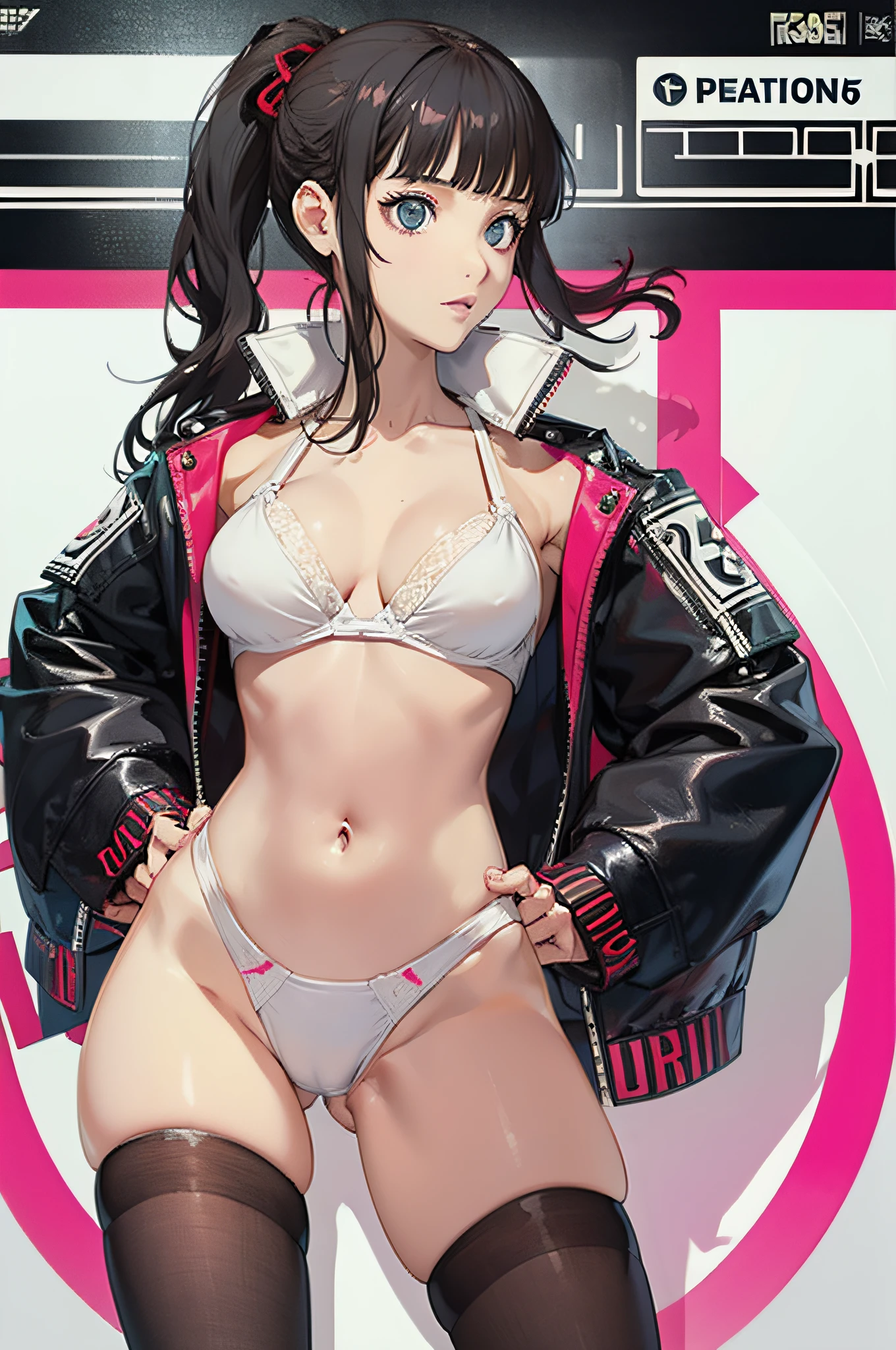 Persona 5 Art Style, Persona 5 Style, Kasumi Yoshizawa, Girl in Swimsuit, Full Length Portrait, High Quality, Ponytail, Small Breasts, Bangs, Smooth Thighs, Patsun, Top Quality, Ultra High Definition, Fine Eyes, Slender Legs, Fine Beautiful Eyes, 8K, White Bikini, Protruding Buttocks, Black Hair