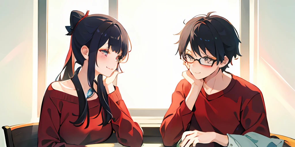 A couple, girls on the left, boys on the right, upper body, avatar, smile, blush, eye contact, red sweater, indoor, daytime, sunlight, simple background, blue sky, black hair, girls ponytail hairstyle, boys short hair, boy black frame glasses, moderate lighting, side face, anime style