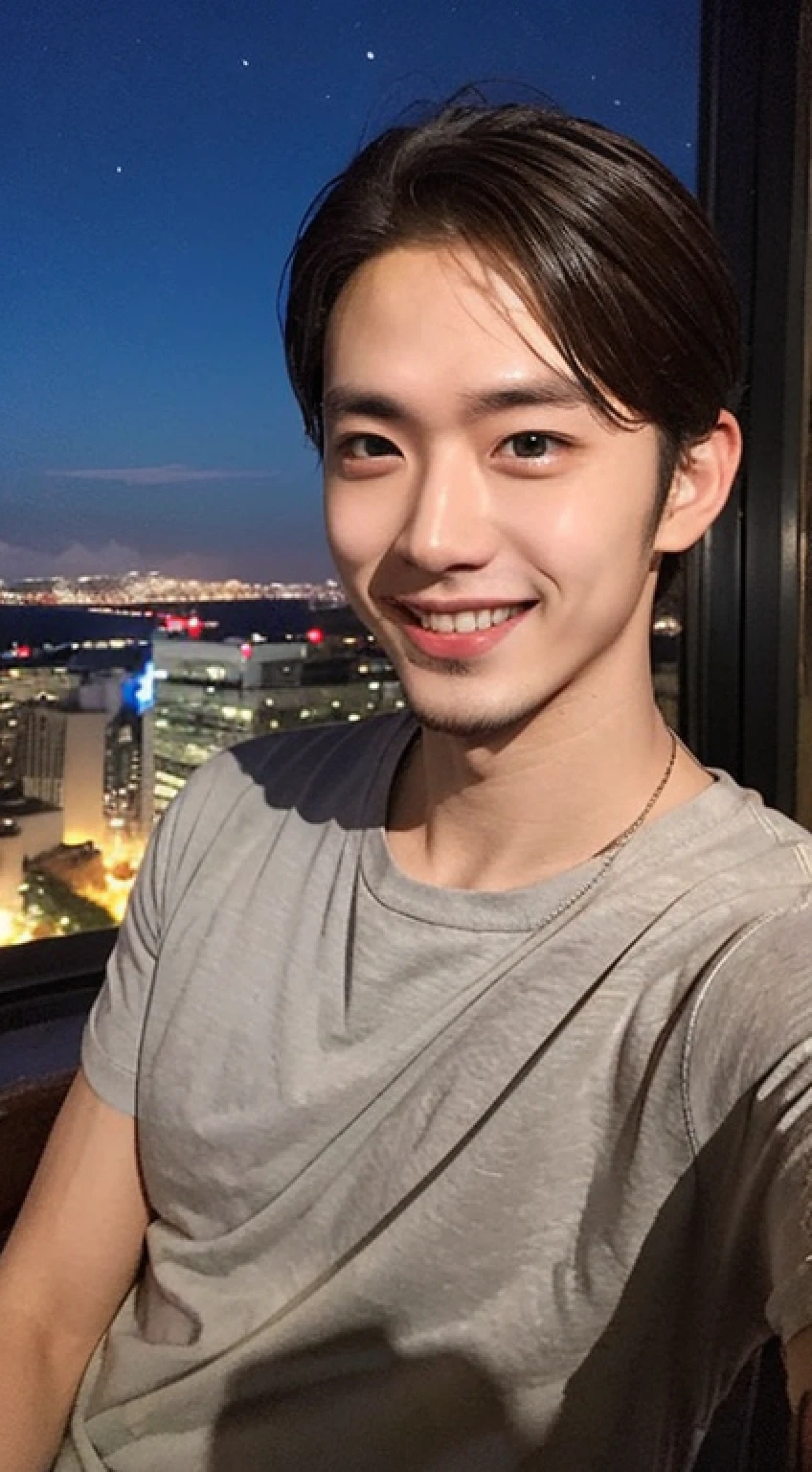 Man about 25 years old, smile, sharp focus, waist up, summer, shirt, wonderful, night view, upward eyesight, brown hair,