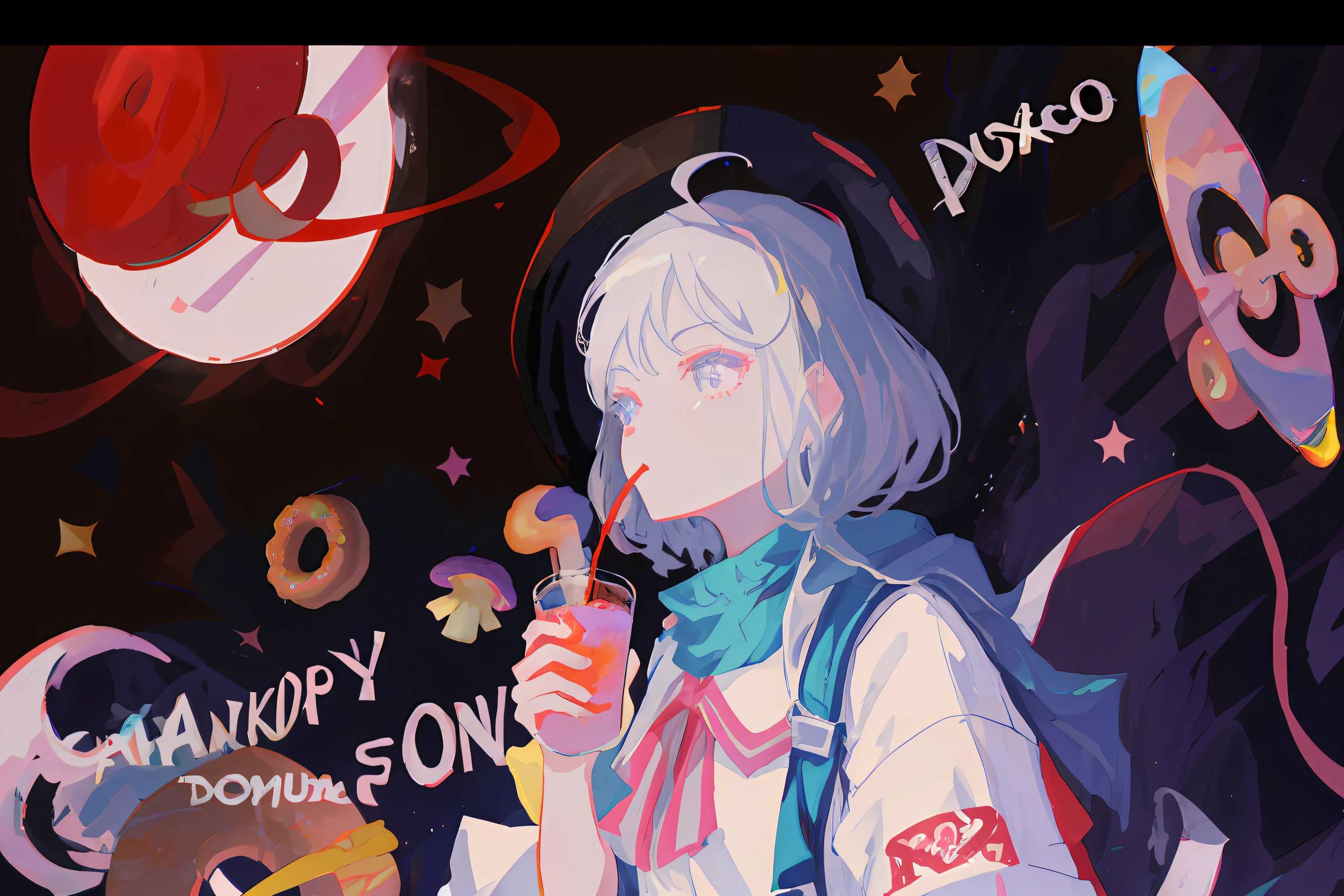 In front of the space background, an anime character drinking a drink and a doughnut, 2D anime style, high quality anime art style, Loepfe art style, Yoko Taro doujin art, anime style, official doujin art, high quality doujin art, anime beauty, . ✨🕌🌙 ❤🔥🍄🌪