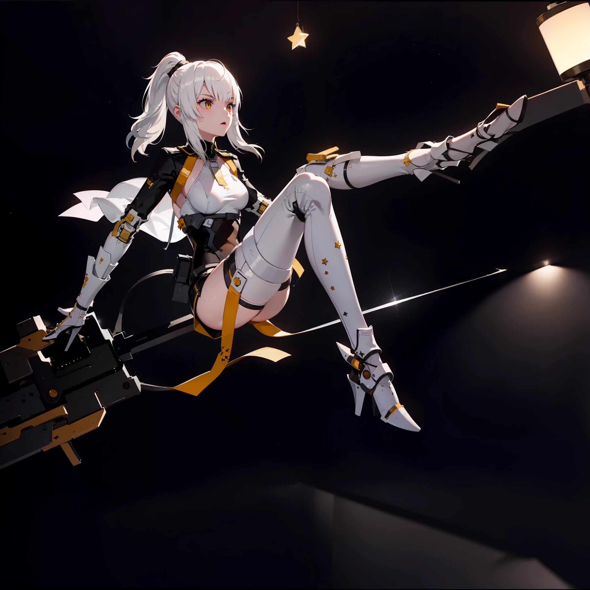 Stars shining in the background, a girl, holding her legs.