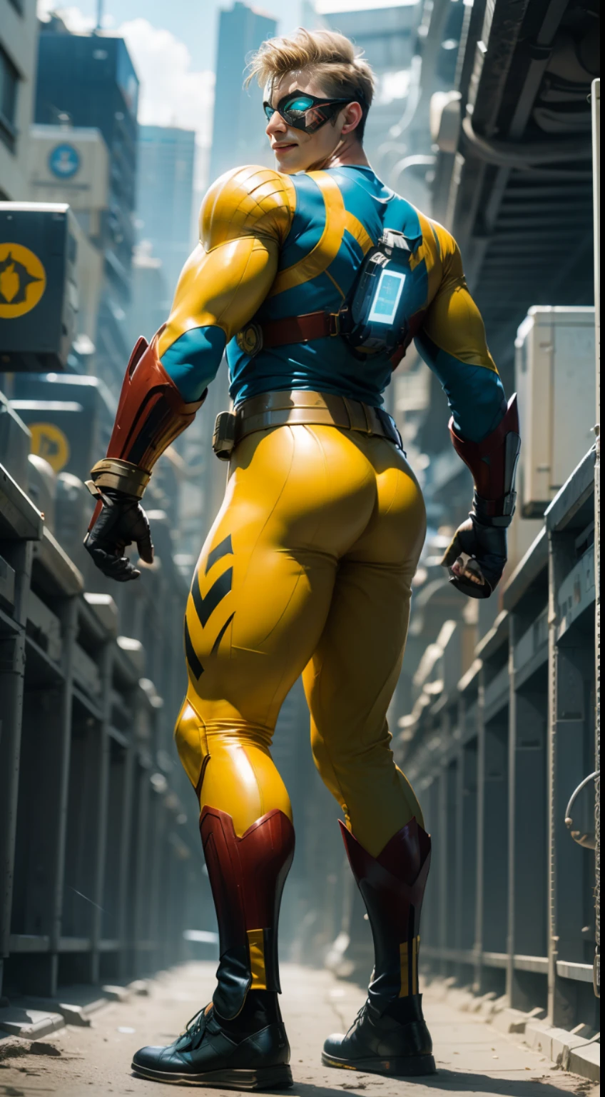 Young man, short blonde hair, cyan eyes, yellow-blue superhero costume, superhero mask, smile, laser, big ass, big long legs, bare feet, masterpiece, high quality