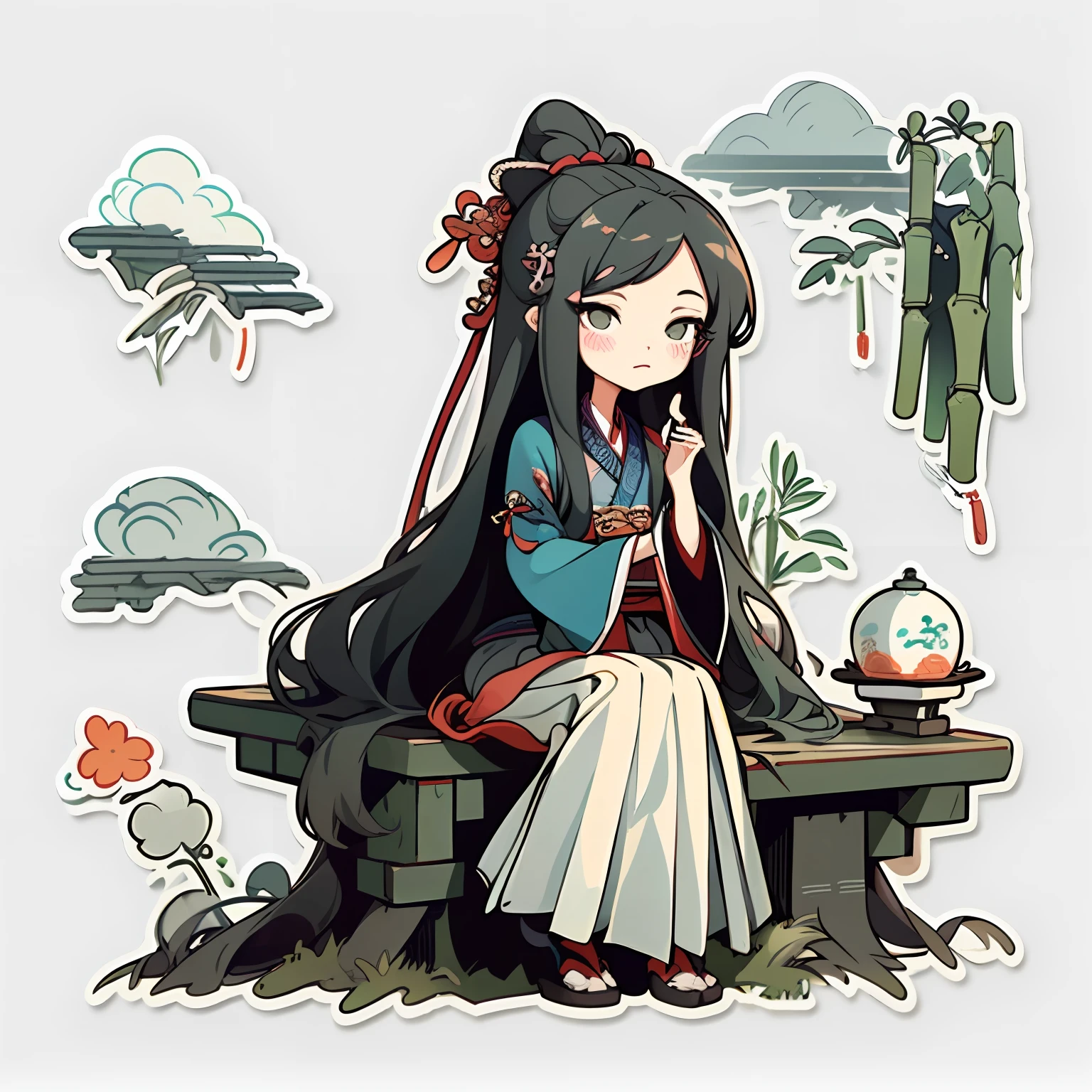 1 sticker, handbook, (sticker, 1 girl, Chinese Ming dynasty clothes, gorgeous collar top, pleated long skirt, hanfu, embroidery, hairpin, bamboo, moss, pavilion, parts split), watercolor, white background, simple background, minimal, cute, tiny, pastel color, vector style, no gradient,