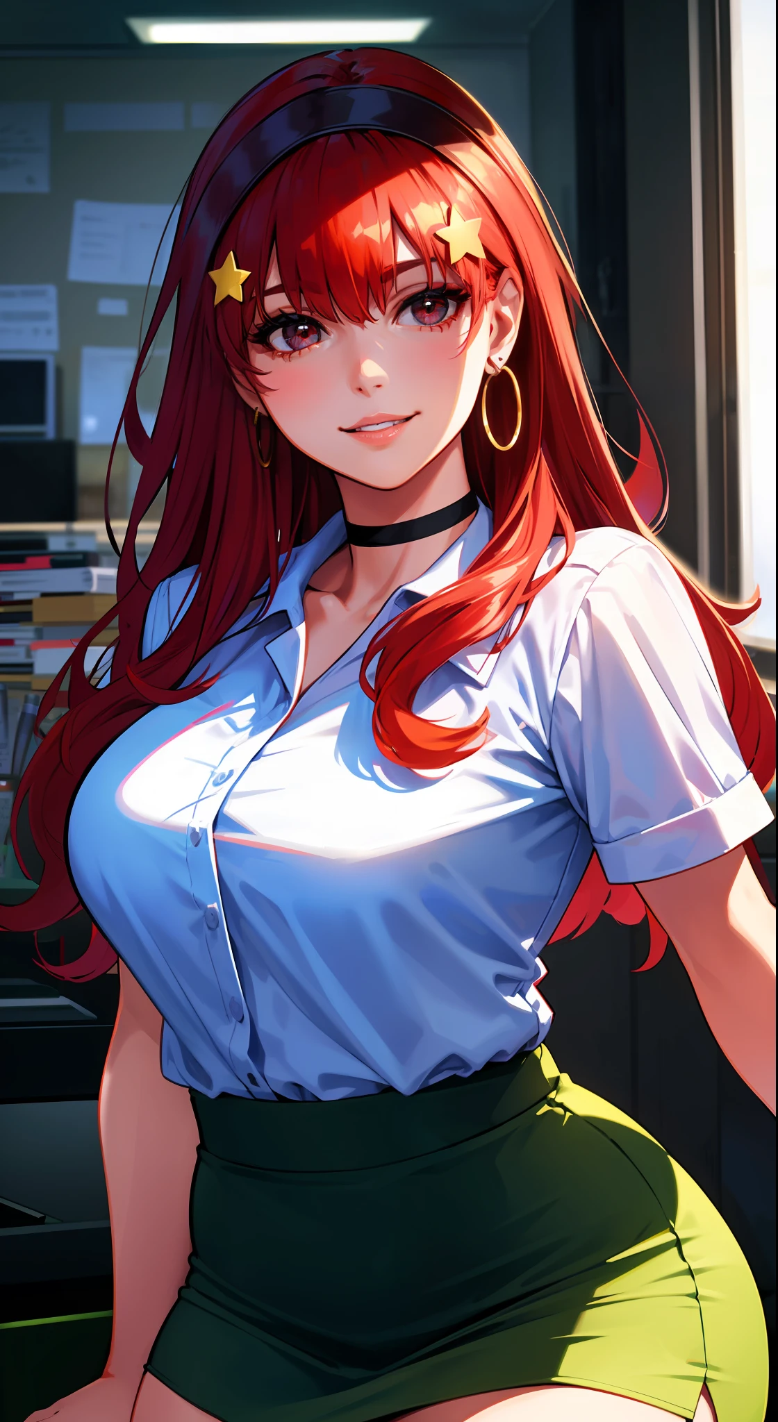 (1girl:1.4), (sfw), (dress), (masterpiece), illustration,(realistic:1.5), (specular lighting:1.4), (hyper-realistic:1.2), (photorealistic face:1.2), (perfect face), (best quality), (8k), (4k), photorealistic, sharp focus, octane, best quality, extremely detailed, intricate, hyperdetailed, fantasy, soft lighting, (large breasts: 1.4), (skindentation: 1.3), (black tight skirt: 1.5), (white office shirt: 1.5), thick thighs, wide hips, large thighs,  black thigh-length stockings, thick eyelashes, long eyelashes, hair band, arm strips, choker, (red hair: 1.5), hair with highlights, hair band, smile, half-open lips, multicolored eyes, golden earrings, (night: 1.5), ((office: 1.3)), window, inside, comfortable, cozy, looking at the viewer, dynamic pose, detailed skin, (star-shaped accessories in the hair)