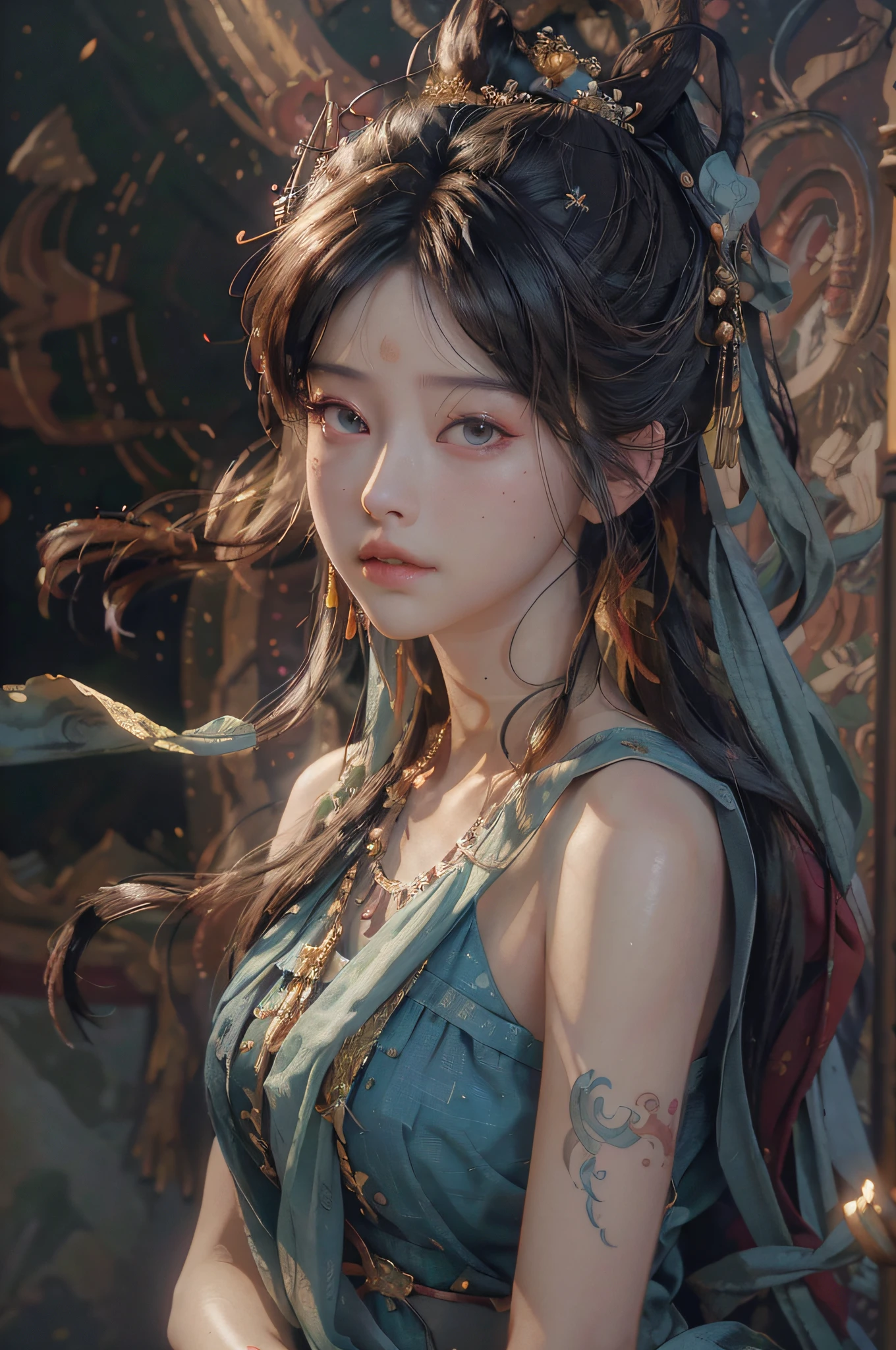 (RAW photo, best quality), (realistic, photo-realistic:1.3),best quality,highly detailed,masterpiece,ultra-detailed,illustration,1girl,upper_body,dynamic angle,world masterpiece theater,messy_long_hair,best quality,extremely detailed CG unity 8k wallpaper,ink,Amazing,cinematic lighting,lens_flare, dunhuang_style