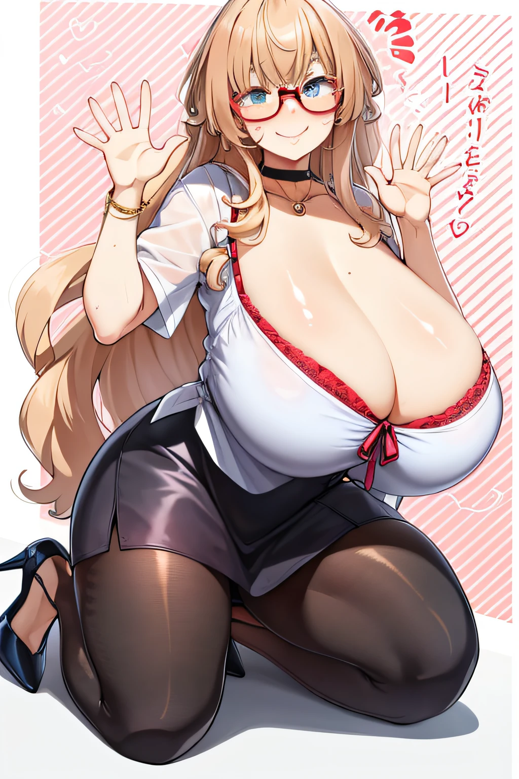 1girl, solo, long hair, glasses, blonde hair, (((giant breasts: 1.3))), large breasts, long hair, curly hair, (thighs: 1.2), heavy blush, (thick thighs: 1.3), wide hips, choker, (happy: 1.3), simple background, shiny skin, wet skin, inside, facing the viewer, ((cleavage)), ((lewd)), best quality, smiling, white blouse, tight blouse, tight skirt, jewelry, closed mouth, front, brassier, lingerie,  on the street, heels, (milf), seductive, waving, sweaty, freckles on the face, (hands with five fingers),