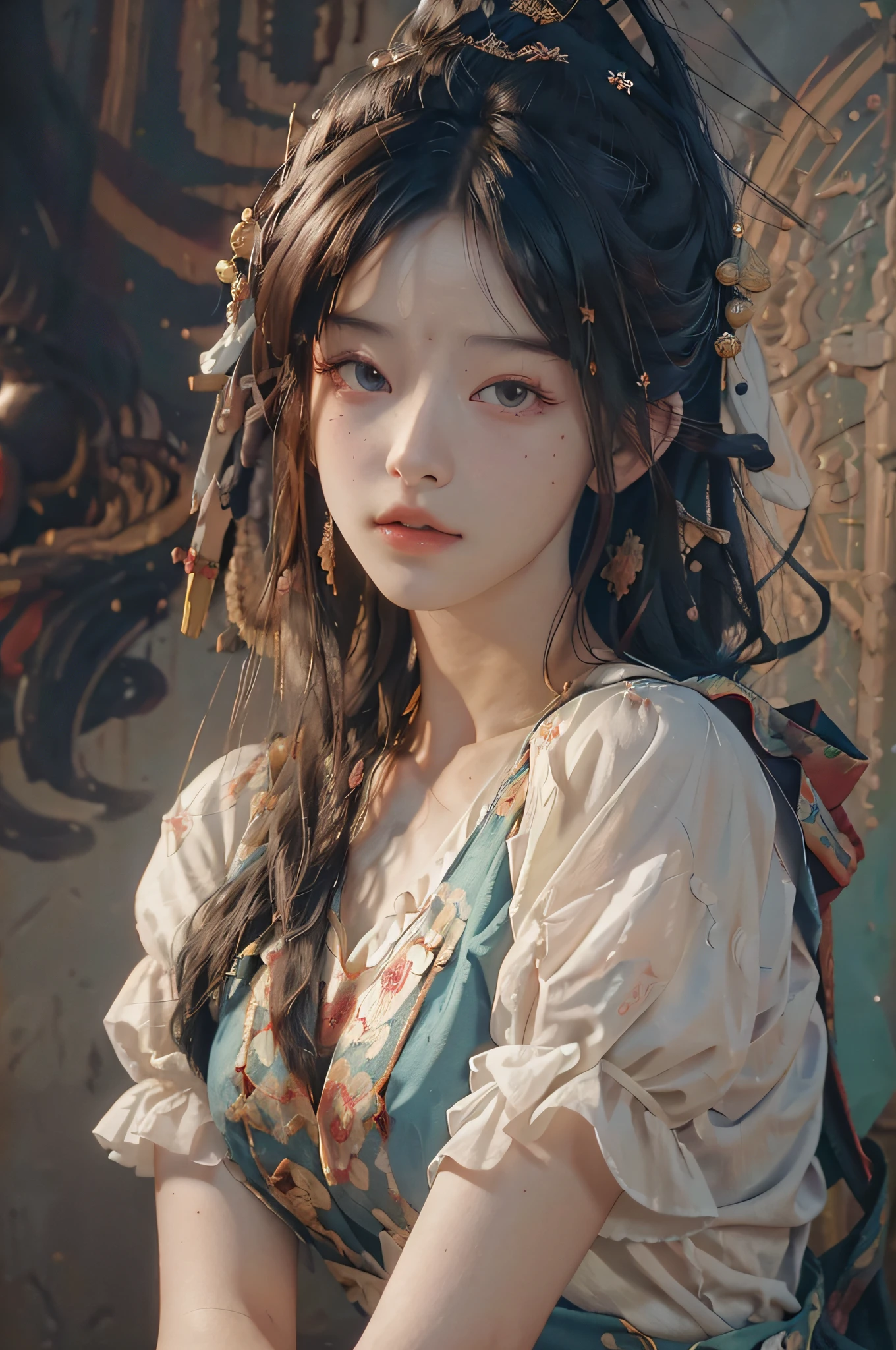 (RAW photo, best quality), (realistic, photo-realistic:1.3),best quality,highly detailed,masterpiece,ultra-detailed,illustration,1girl,upper_body,dynamic angle,world masterpiece theater,messy_long_hair,best quality,extremely detailed CG unity 8k wallpaper,ink,Amazing,cinematic lighting,lens_flare, dunhuang_style