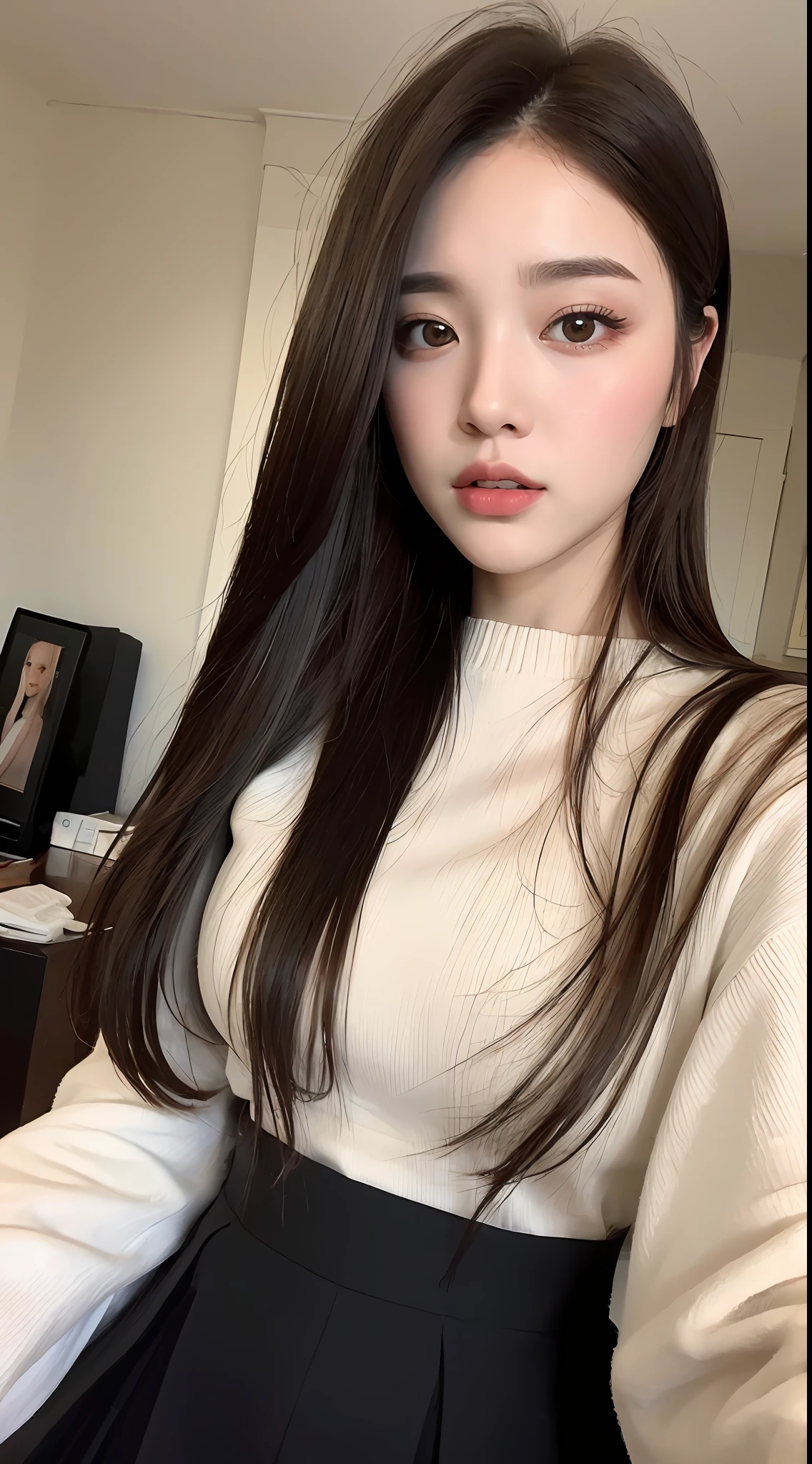 ((Best Quality, 8k, Master Masterpiece: 1.3)), 1 Girl, Solissos, 7 points body, slim face, beautiful woman, (dark brown hair), long skirt :1.1, white clothes, super detailed face, detailed eyes, double eyelids, baby fat, blurred background, bedroom, inner room, bedroom,