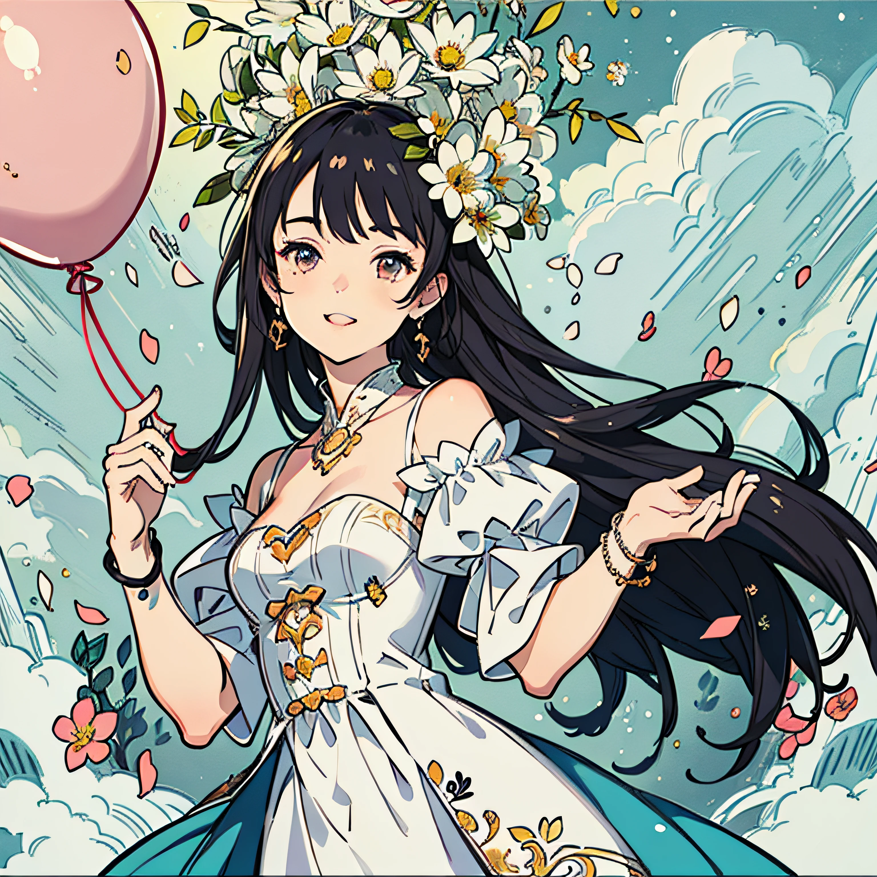 A girl holding flowers, colorful balloons floating in the sky, meadow, dancing, holding flowers, happy, happy, perfect quality, clear focus (clutter-home: 0.8), (masterpiece: 1.2) (Realistic: 1.2) (Bokeh) (Best quality) (Detailed skin: 1.3) (Intricate details) (8K) (Detail Eyes) (Sharp Focus), (Happy)