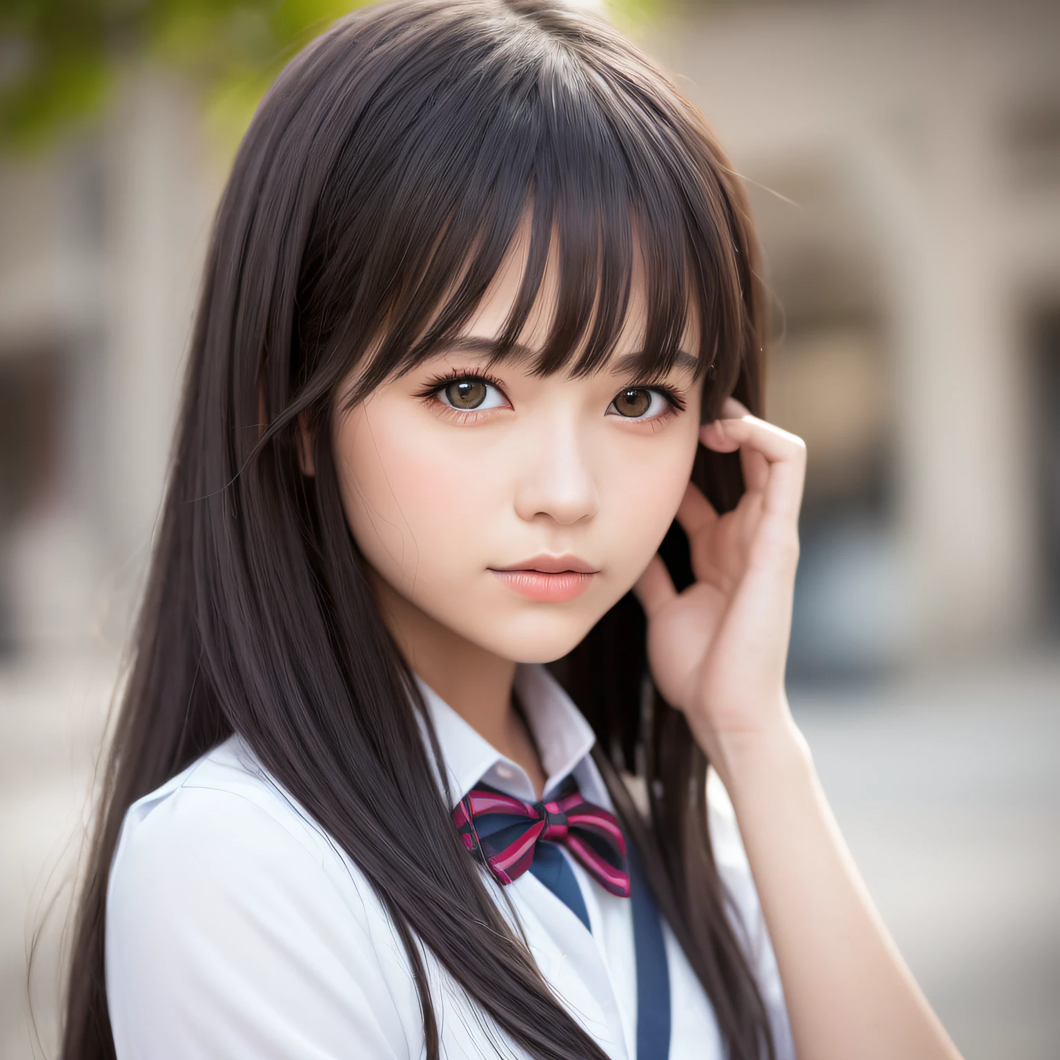 (best quality, masterpiece), 1girl,beautiful girl, cute, small, shy, blush, Japan schoolgirl uniform, cleavage, mo-bright background, upper body, jade eyes, very long black hair, bangs, ta, very detailed face and skin texture, realistic human skin, realism, realistic photos, professional color correction, natural light, looking viewer, depth of field, model shooting style,