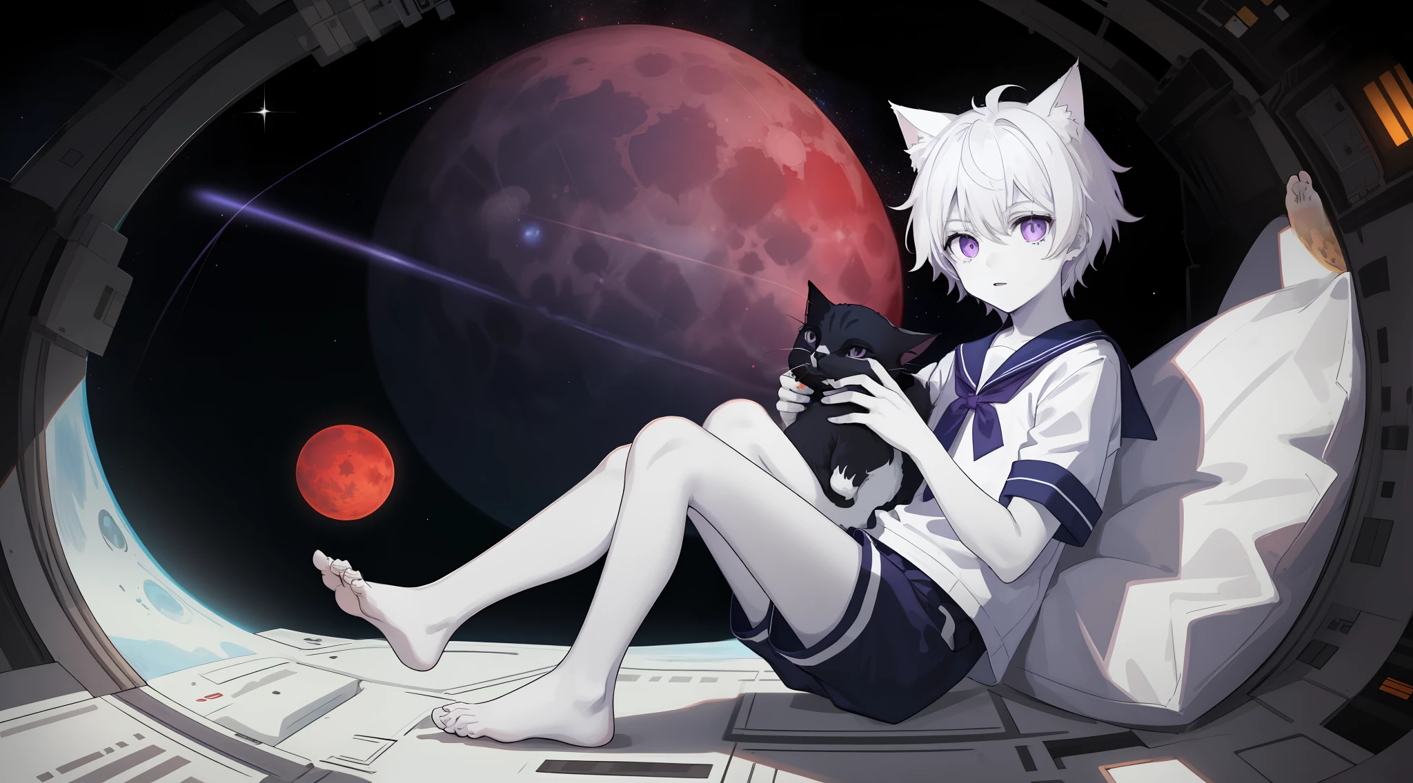 ((Pale Skin)), (Little Boy), (Red Moon), (Short Hair), (Purple Eyes), (White Hair), (Blue and White Striped Sailor Suit), (Blue and White Striped Shorts), (Barefoot), (Happy), (Cat Ear Tail), (Handsome), (Lying on the Moon), (Zombie), (Space Station Background)