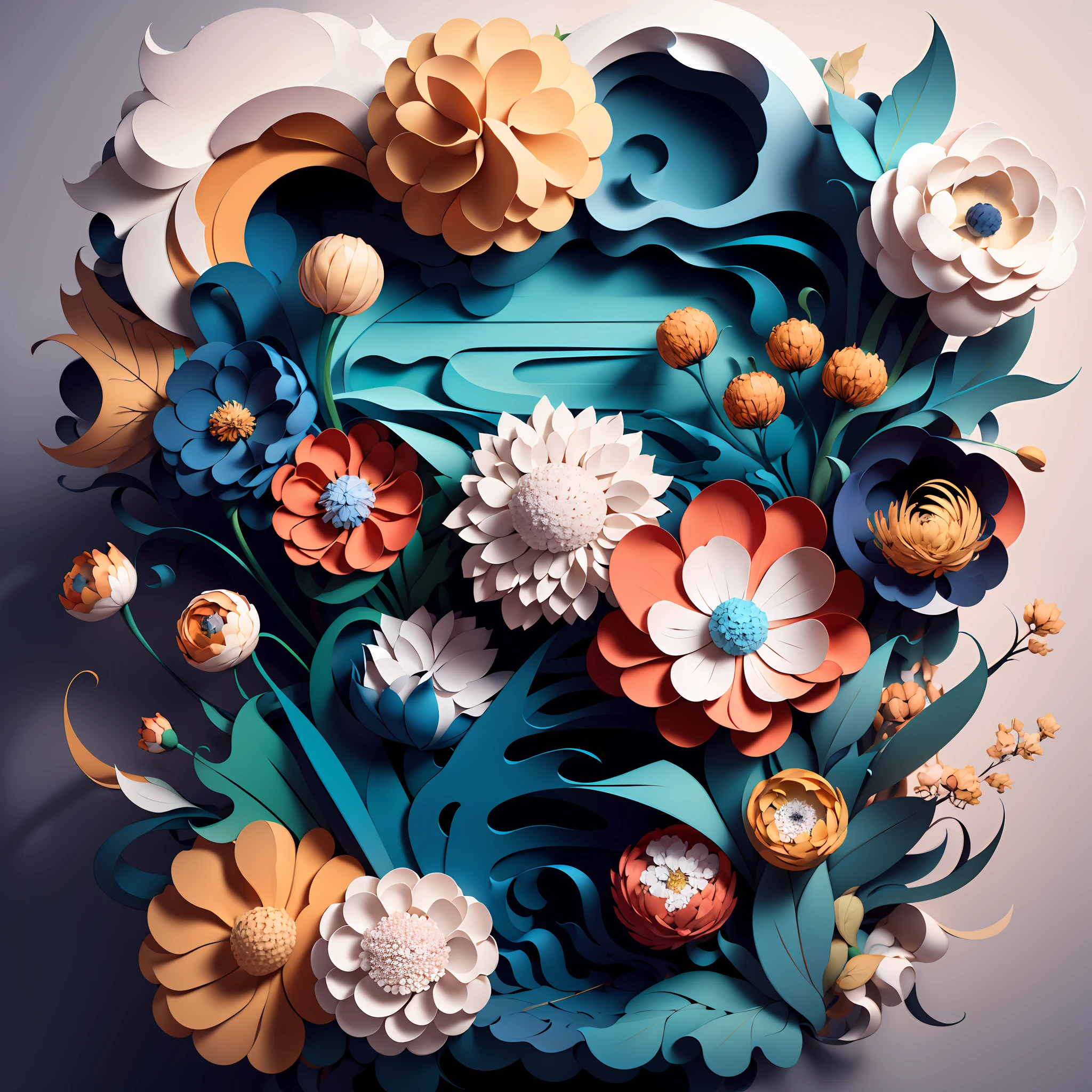Traditional Chinese landscape painting, paper creation, 3D stereoscopic rendering, color gradient from white to light blue, 4K resolution, simple and natural composition, :white background, fresh and vulgar style. (:nature:)