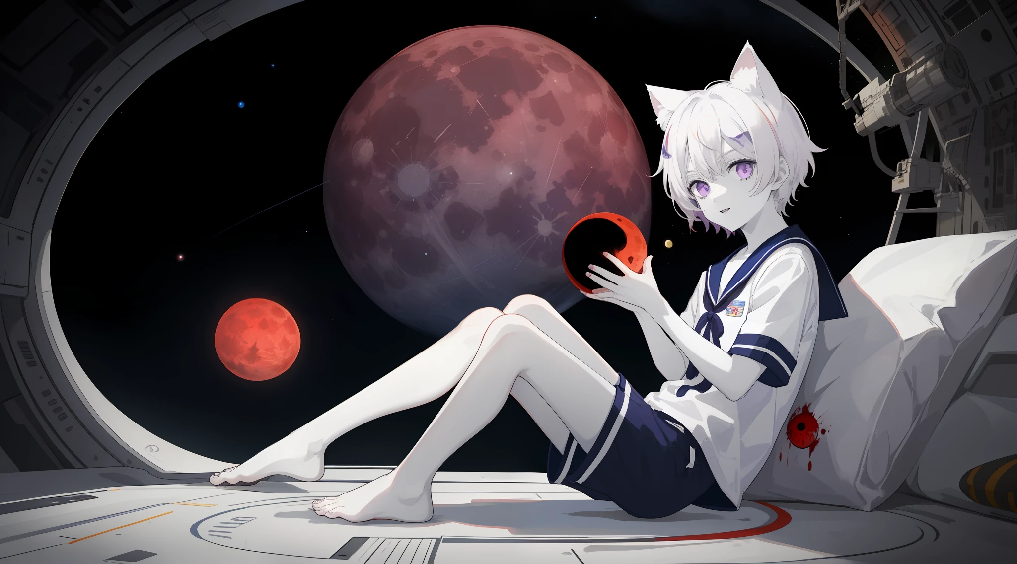 ((Pale Skin)), (Little Boy), (Red Moon), (Short Hair), (Purple Eyes), (White Hair), (Blue and White Striped Sailor Suit), (Blue and White Striped Shorts), (Barefoot), (Happy), (Cat Ear Tail), (Handsome), (Lying on the Moon), (Zombie), (Space Station Background)