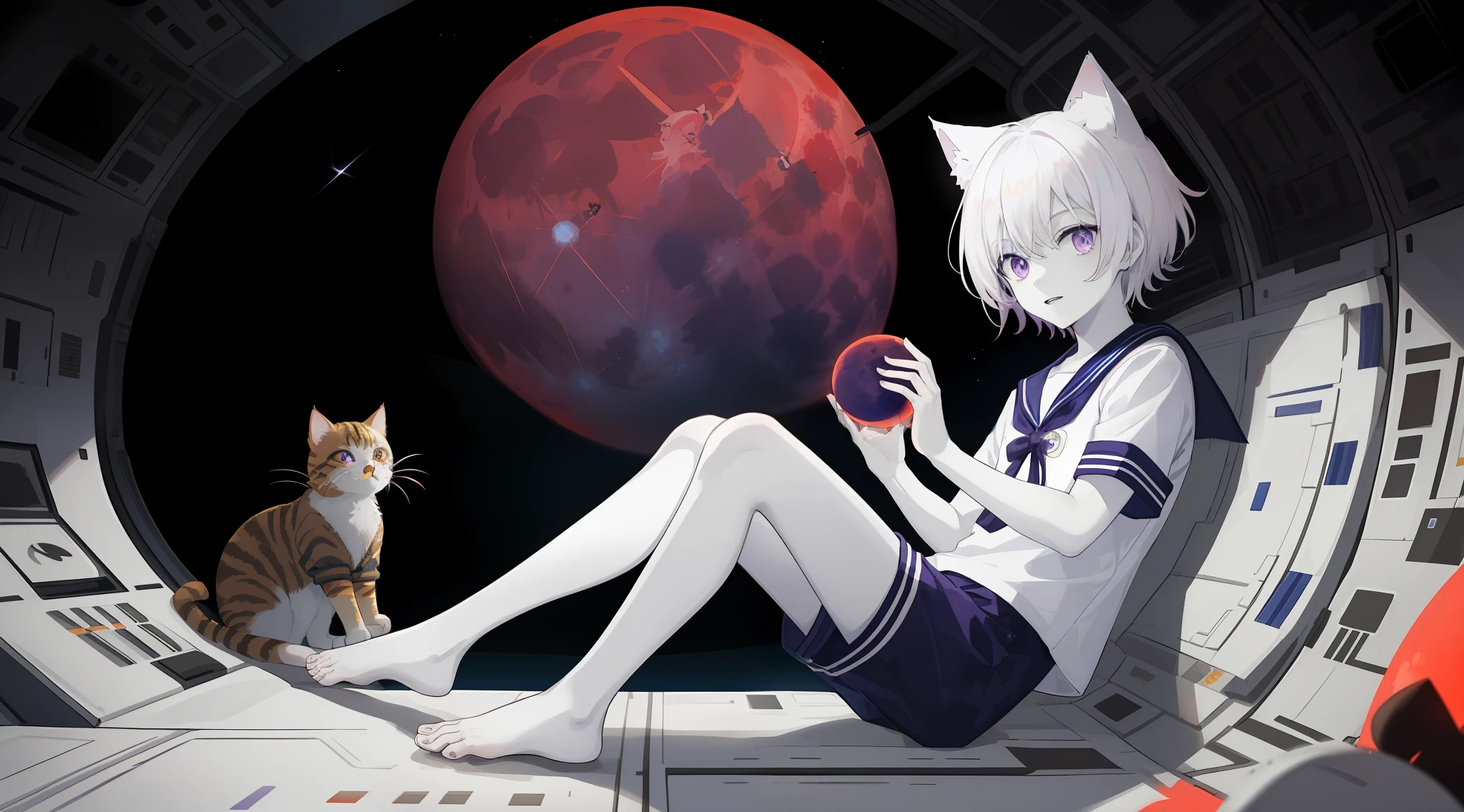 ((Pale Skin)), (Little Boy), (Red Moon), (Short Hair), (Purple Eyes), (White Hair), (Blue and White Striped Sailor Suit), (Blue and White Striped Shorts), (Barefoot), (Happy), (Cat Ear Tail), (Handsome), (Lying on the Moon), (Zombie), (Space Station Background)