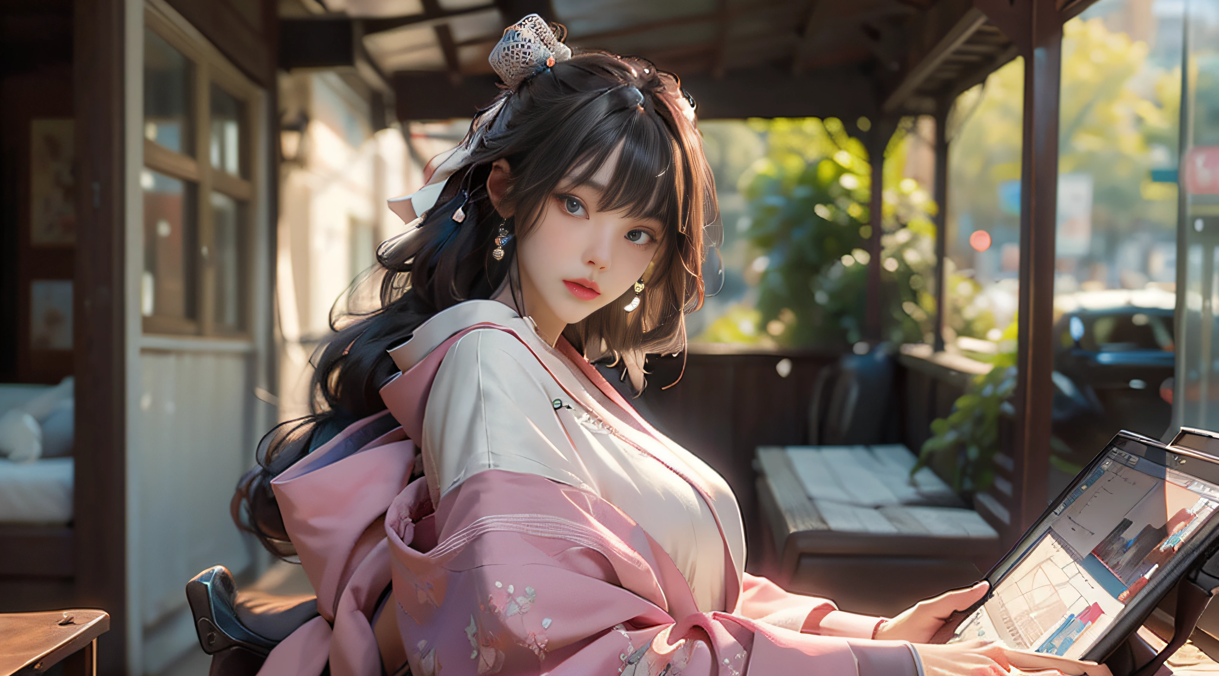 ((Best Quality)), ((Masterpiece)), (Detail: 1.4), 3D, Beautiful Cyberpunk Female Image, HDR (High Dynamic Range), Ray Tracing, NVIDIA RTX, Super Resolution, Unreal 5, Subsurface Scattering, PBR Texture, Post-Processing, Anisotropic Filtering, Depth of Field, Maximum Sharpness and Sharpness, Multi-layer Texture, Albedo and Highlight Mapping, Surface Coloring, Mitsu-Accurate Simulation of Material Interactions, Perfect Proportions, Octane Rendering, Two-color Light, Large Aperture, Low ISO, white balance, regular three-point, 8K RAW, beautiful bright pupils, flowing robe, fine pupils, delicate face and eyes, long eyelashes, blush, fluffy hair, pink lips, pure, cute