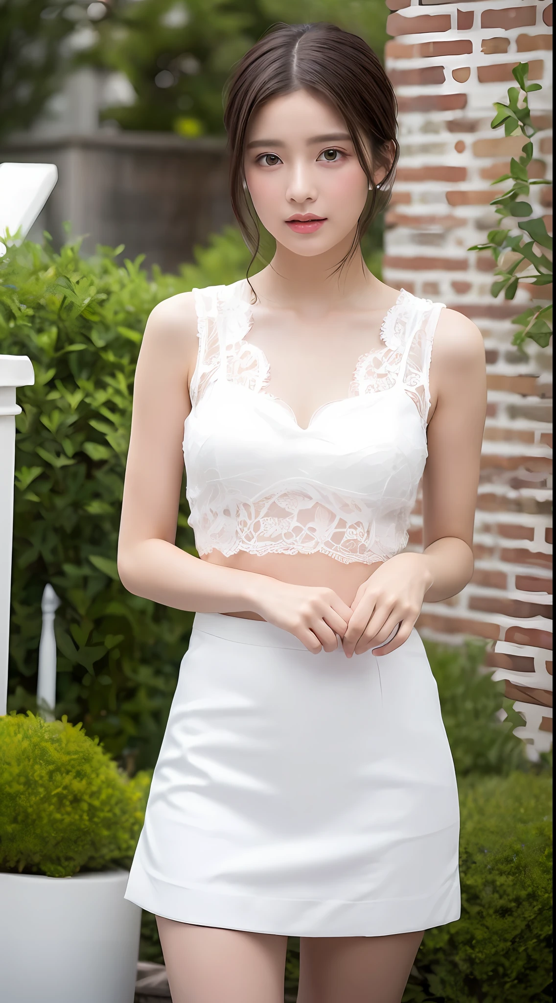 ((Best Quality, 8k, Master Masterpiece: 1.3)), 1 Girl, Solissos, 7 points body, slim face, beautiful woman, (dark brown hair), casual top :1.1, white clothes, short skirt, simple headdress, super detailed face, detailed eyes, double eyelids, baby fat blurred background, garden, inner room, bedroom,
