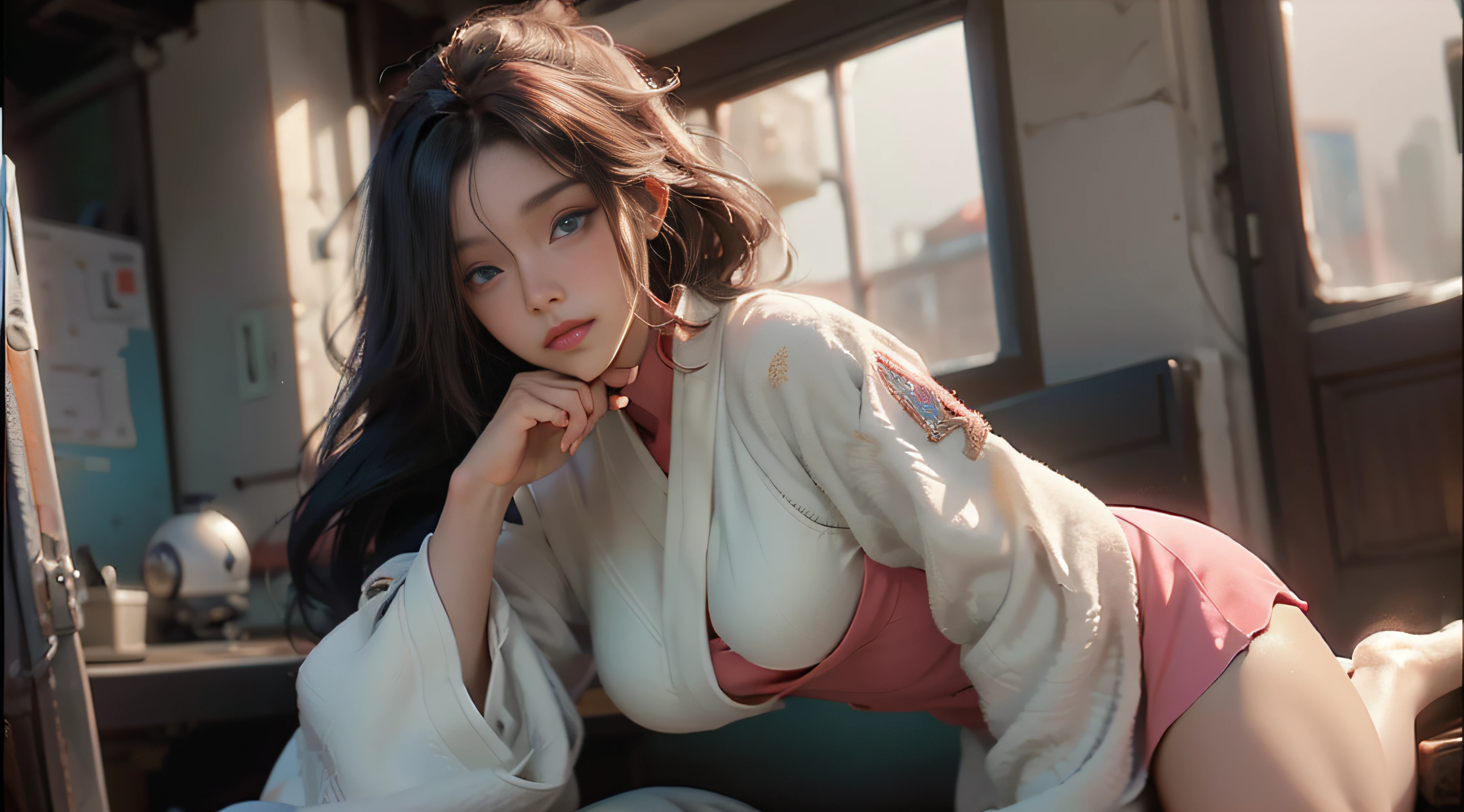 ((Best Quality)), ((Masterpiece)), (Detail: 1.4), 3D, Beautiful Cyberpunk Female Image, HDR (High Dynamic Range), Ray Tracing, NVIDIA RTX, Super Resolution, Unreal 5, Subsurface Scattering, PBR Texture, Post-Processing, Anisotropic Filtering, Depth of Field, Maximum Sharpness and Sharpness, Multi-layer Texture, Albedo and Highlight Mapping, Surface Coloring, Mitsu-Accurate Simulation of Material Interactions, Perfect Proportions, Octane Rendering, Two-color Light, Large Aperture, Low ISO, white balance, regular three-point, 8K RAW, beautiful bright pupils, flowing robe, fine pupils, delicate face and eyes, long eyelashes, blush, fluffy hair, pink lips, pure, cute