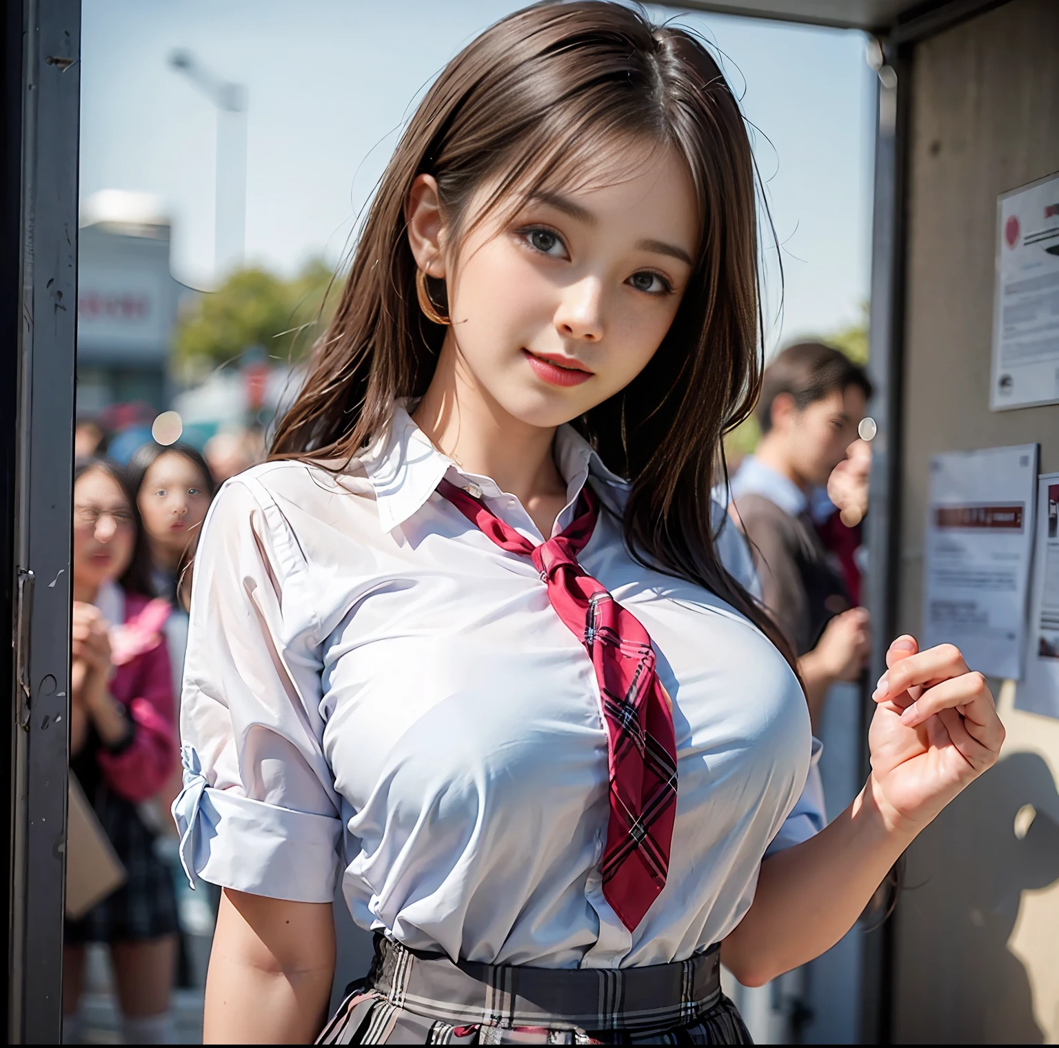 (best quality, masterpiece), (realistic lighting with shadows), huge file size, high resolution, elegant, realistic, intricate details, (perfect anatomical depiction of the human body), one busty girl, ( (miracle super big)), she is a teenage girl, beautiful bright blue eyes with glowing highlights, attractive thin lips without lipstick, brunette fluttering in the wind Her hair shines in the backlight, She is dressed in schoolgirl summer clothes, her neat blouse is white with a crimson ribbon tie, her skirt is a tartan-checked pleated mini, and her breasts are not exposed at all. Nevertheless, it can be clearly seen that she has very large breasts, her figure is very beautiful, looks like a school goddess, and the photo taken from the front has a wonderful smile