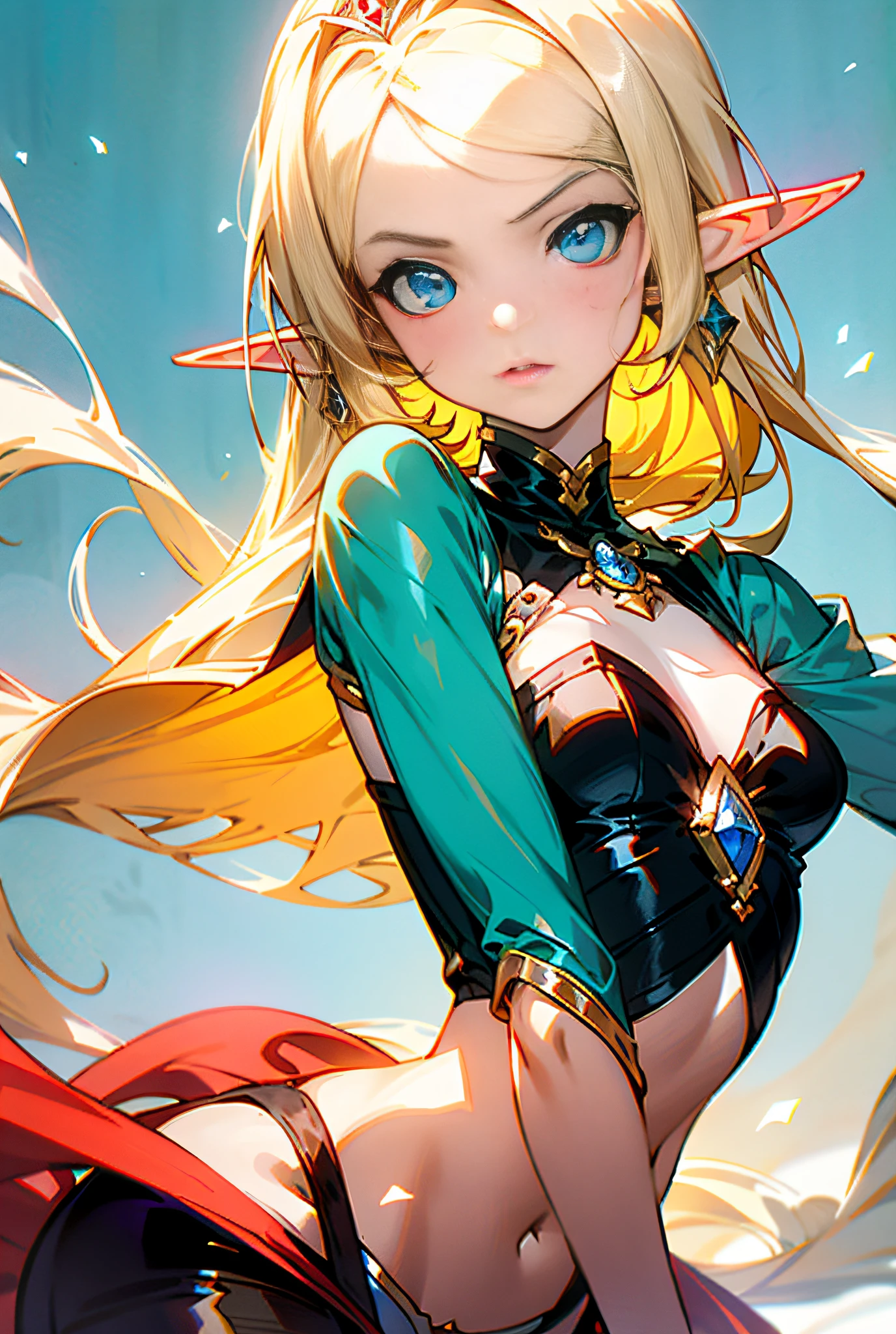 Style image of blonde woman with blue eyes and sword, with thin outlines, pale colors, ((ruddy cheeks)), ((ruddy cheeks)), ((ruby decoration in the center of the forehead)), delicately drawn, elf girl, small breasts, slightly troubled look, moisturized lips, charming elven princess knight, highly detailed Artgerm, Qiyana, Artgerm of ArtStation Pixiv, elf princess, Style Art Germ,