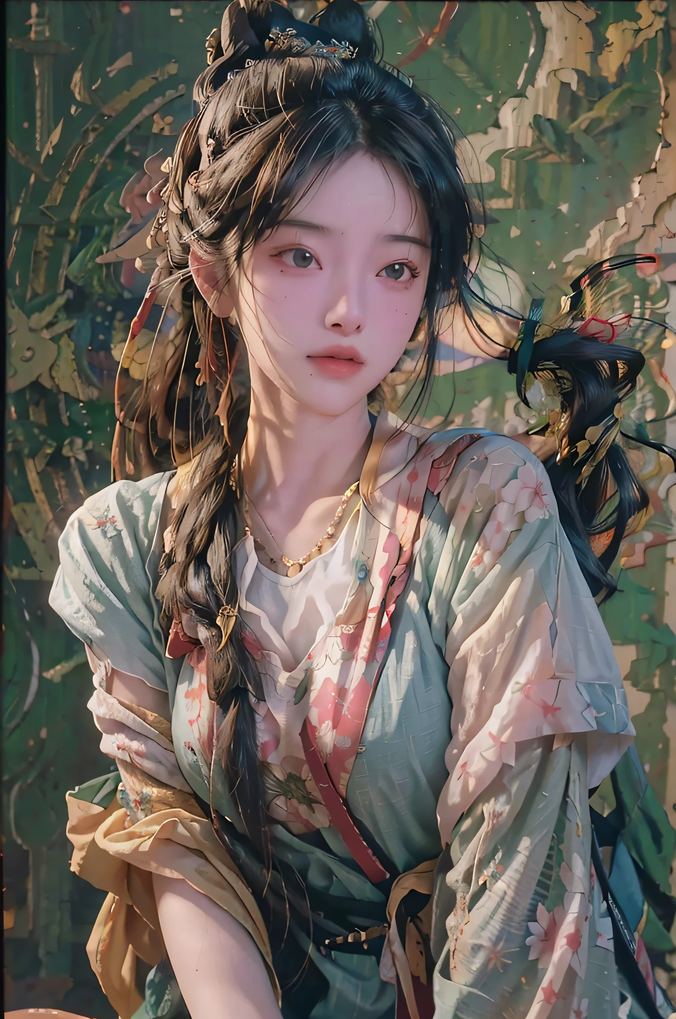 (RAW photo, best quality), (realistic, photo-realistic:1.3),best quality,highly detailed,masterpiece,ultra-detailed,illustration,1girl,upper_body,dynamic angle,world masterpiece theater,messy_long_hair,best quality,extremely detailed CG unity 8k wallpaper,ink,Amazing,cinematic lighting,lens_flare, dunhuang_style