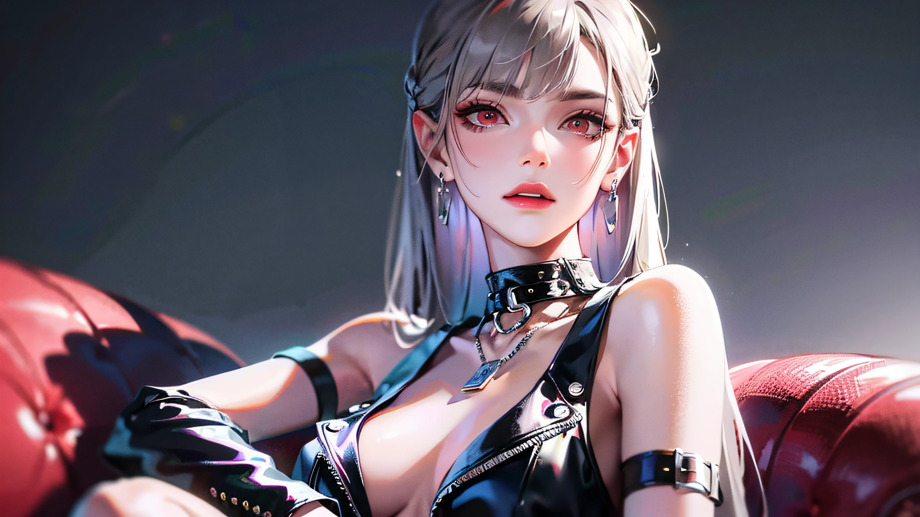 1girl, ( masterpiece, best quality: 1.2), upper body portrait, panorama, high coldness, indifference, coldness, high eyes, red eyes , gray hair, 8k, official art, black sleeveless skinny leather jacket and necklace, pierced earrings, (white background: 1.4), HDR, ultra-realistic, high resolution, perfect facial features, delicate face, upper body portrait, cold, sitting on sofa