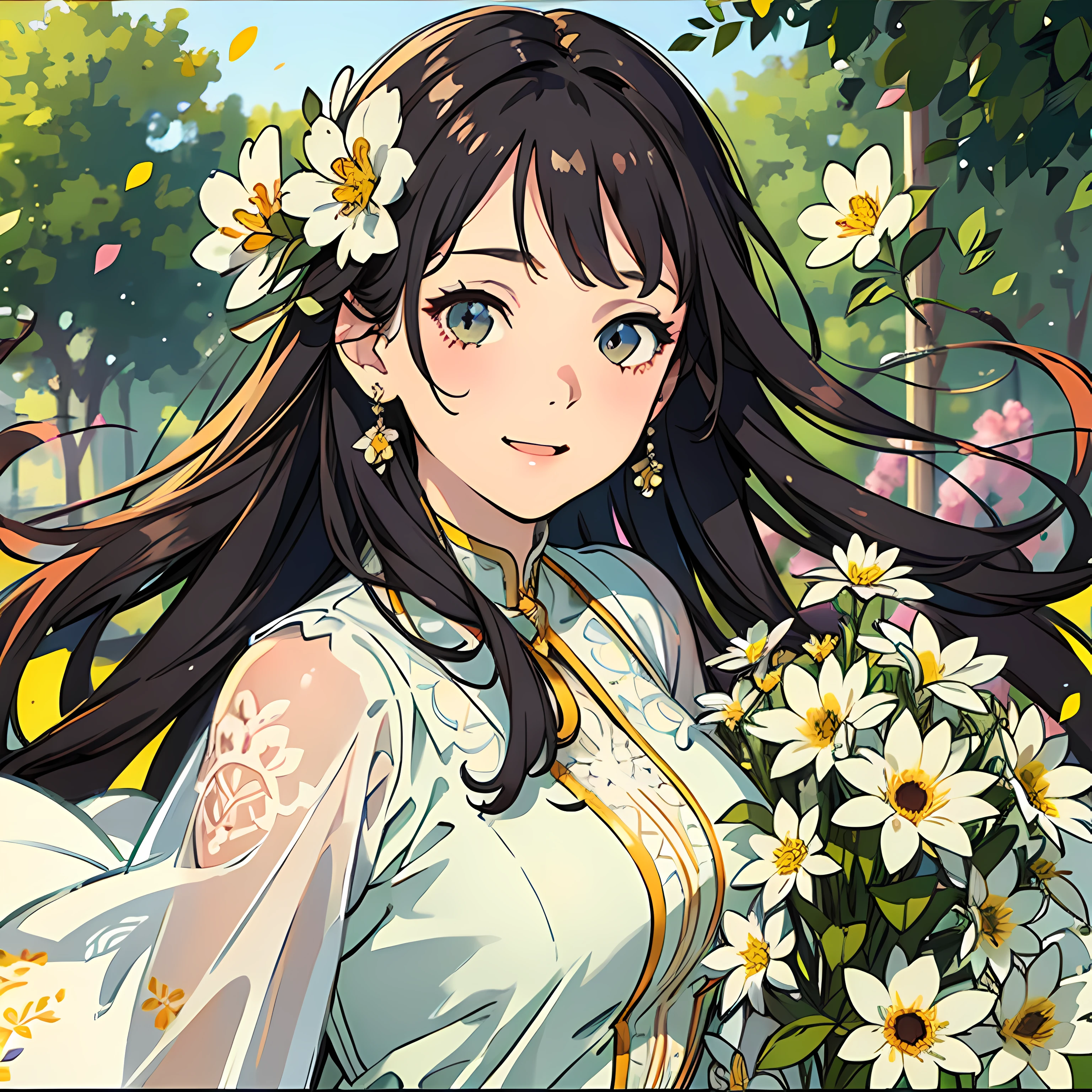 A girl holding flowers, colorful balloons floating in the sky, meadow, dancing, holding flowers, happy, happy, perfect quality, clear focus (clutter-home: 0.8), (masterpiece: 1.2) (Realistic: 1.2) (Bokeh) (Best quality) (Detailed skin: 1.3) (Intricate details) (8K) (Detail Eyes) (Sharp Focus), (Happy)