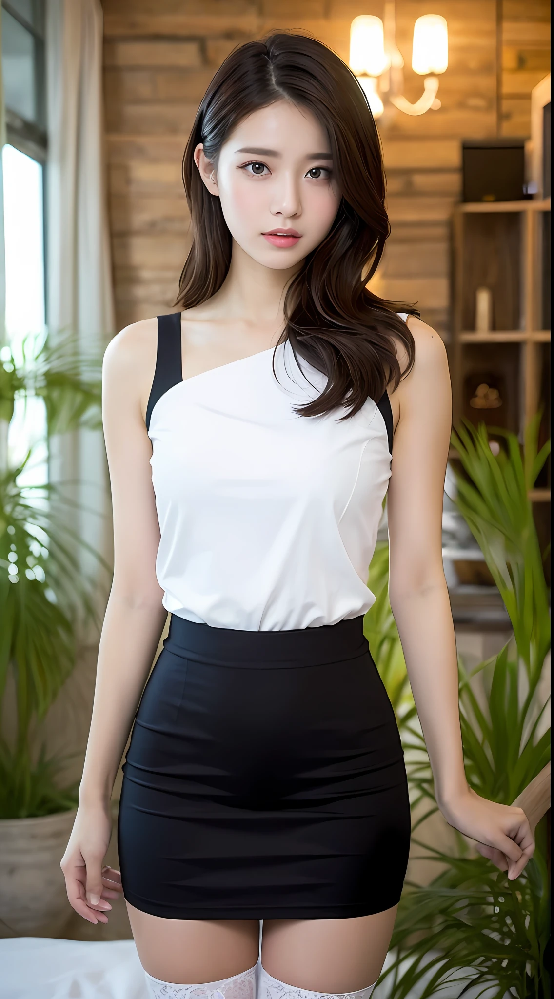 ((Best Quality, 8k, Master Masterpiece: 1.3)), 1 Girl, Sorissos, 7-point body, slim face, Beautiful woman, (dark brown hair), Casual top :1.1, White clothes, Short skirt, black stockings, Simple headdress, Super detailed face, Detailed eyes, Double eyelids, Baby fat, blurred background, garden, inner room, bedroom,